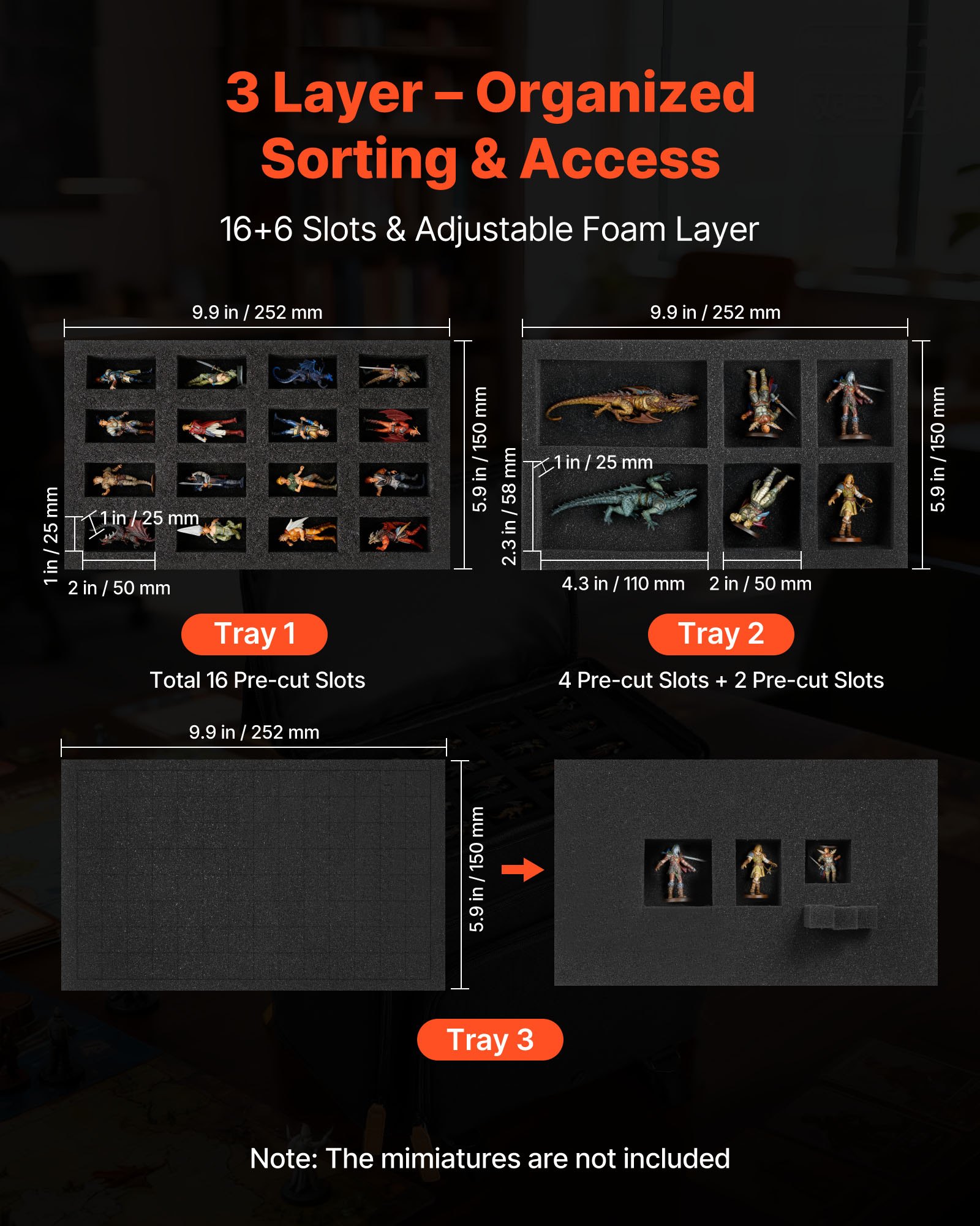 VEVOR Borsa per Trasporto di Statuette in Miniatura Adatta a 58 Miniature di Fanteria, Borsa con Maniglia e Tracolla Regolabile, 3 Strato di Schiuma per un'Ampia Capacità di Stoccaggio, Nero