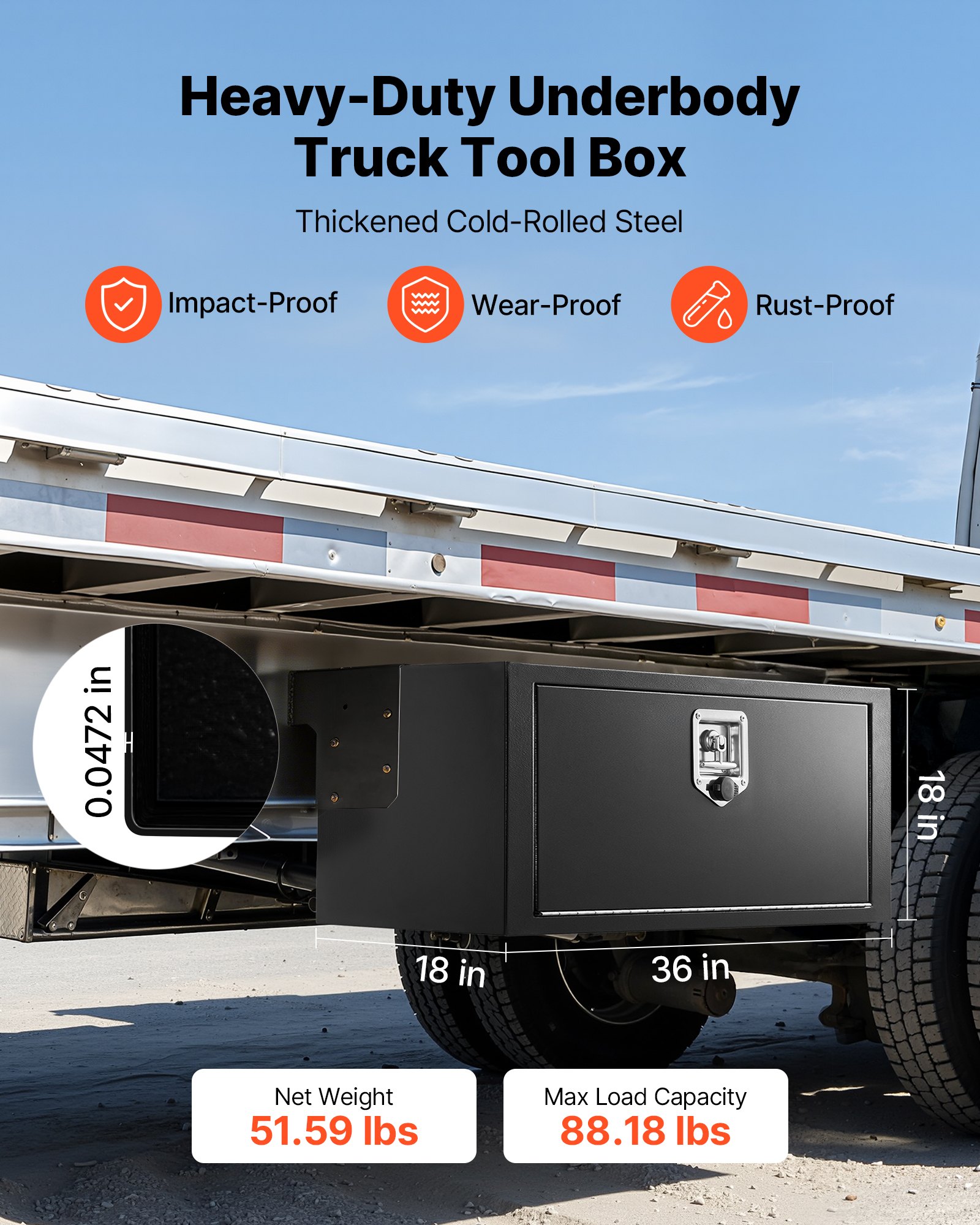 VEVOR Cassetta Porta Attrezzi Sottopianale per Camion Rimorchio Furgone, Cassapanca Portaoggetti Sotto il Pianale di Veicoli 914 x 457 x 457 mm in Acciaio con Serratura, Cassetta per Attrezzi Auto