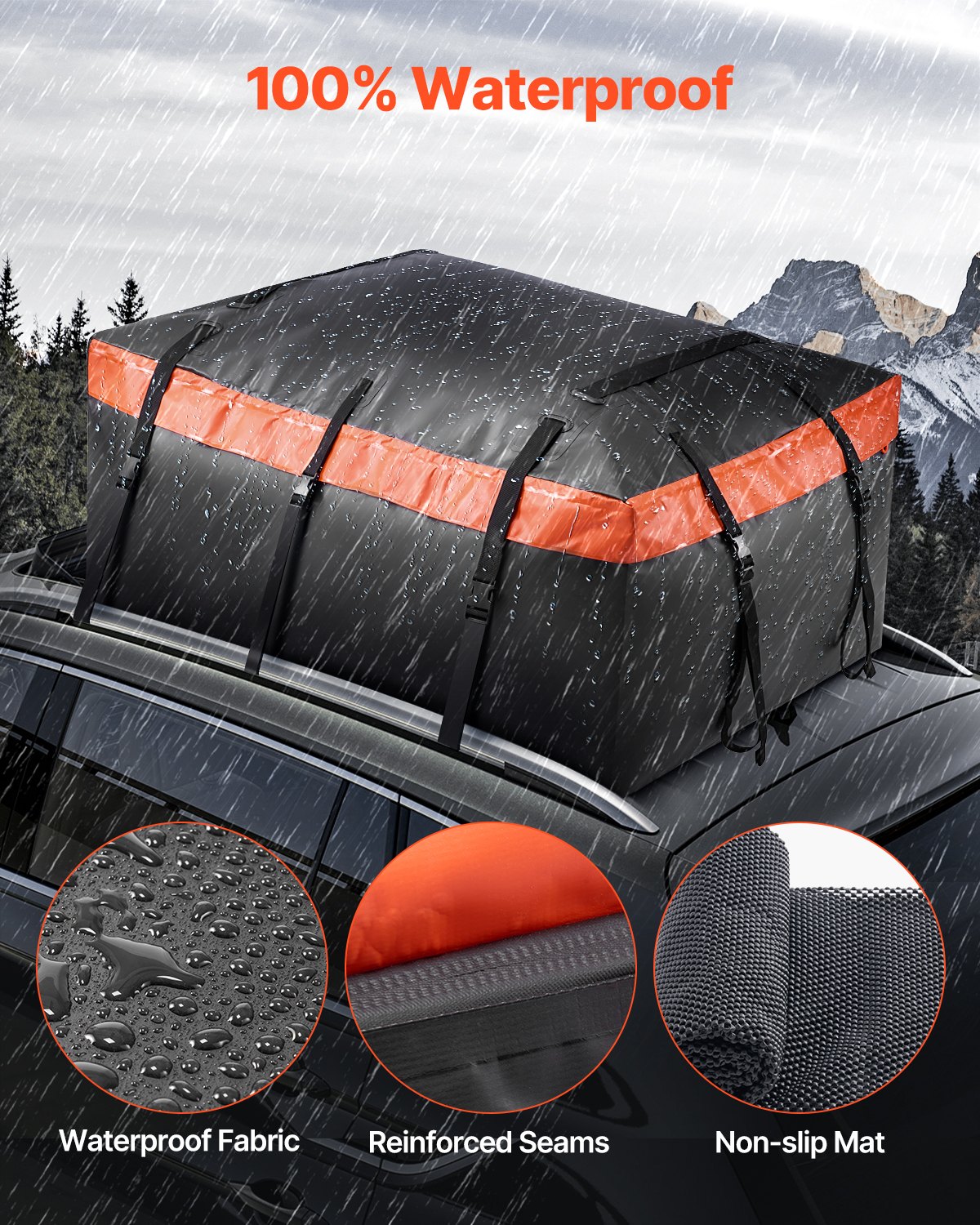 VEVOR Borsa Portapacchi per Auto da Tetto da 0,56 m³ Borsa Portatutto per Auto, per Tutti Veicoli con/senza Portapacchi, con Serratura, Tappetino Antiscivolo, Ganci per 6 Porte, Nero e Arancione