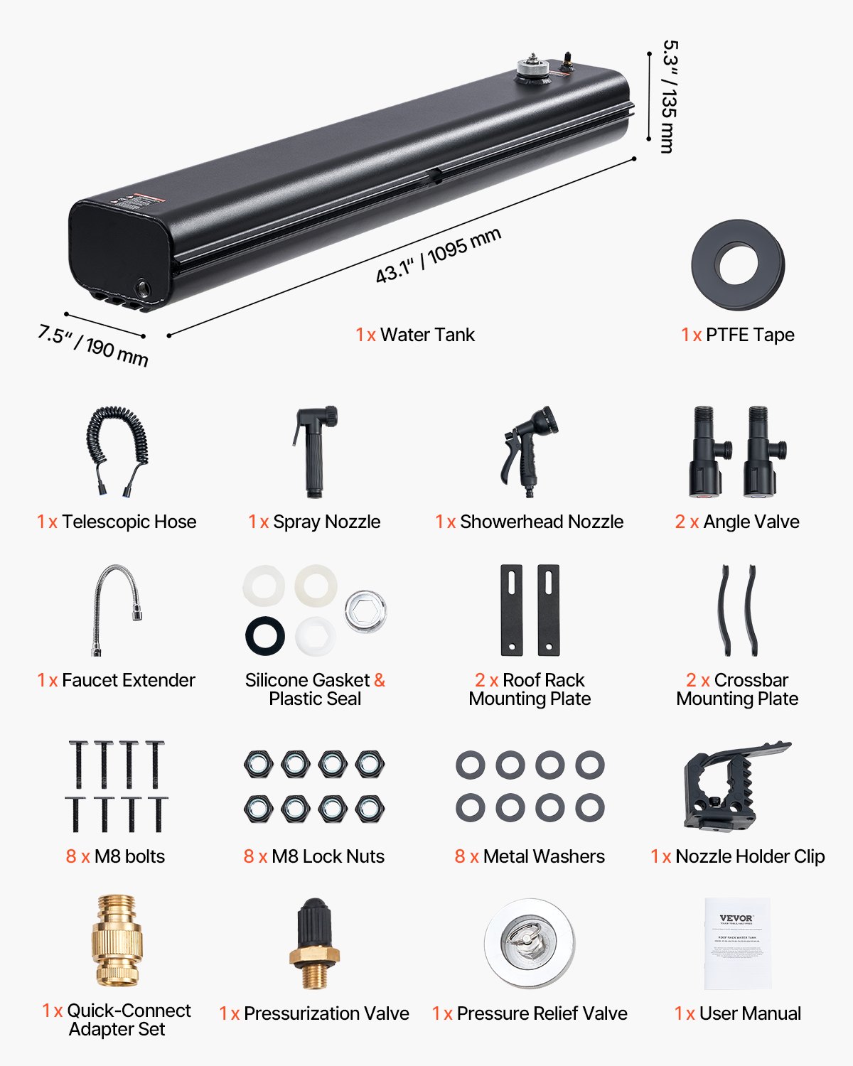 VEVOR Serbatoio dell'Acqua per Portapacchi 17 L, con 2 Pannelli Paraspruzzi e Scanalatura a T, Serbatoio in Alluminio Alta Capacità con Porta Pressurizzazione, per Bauli, Roll bar, Barre Trasversali