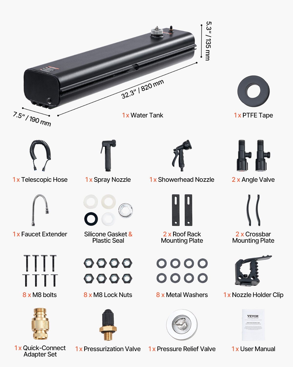 VEVOR Serbatoio dell'Acqua per Portapacchi 15 L, con 2 Pannelli Paraspruzzi e Scanalatura a T, Serbatoio in Alluminio Alta Capacità con Porta Pressurizzazione, per Bauli, Roll bar, Barre Trasversali