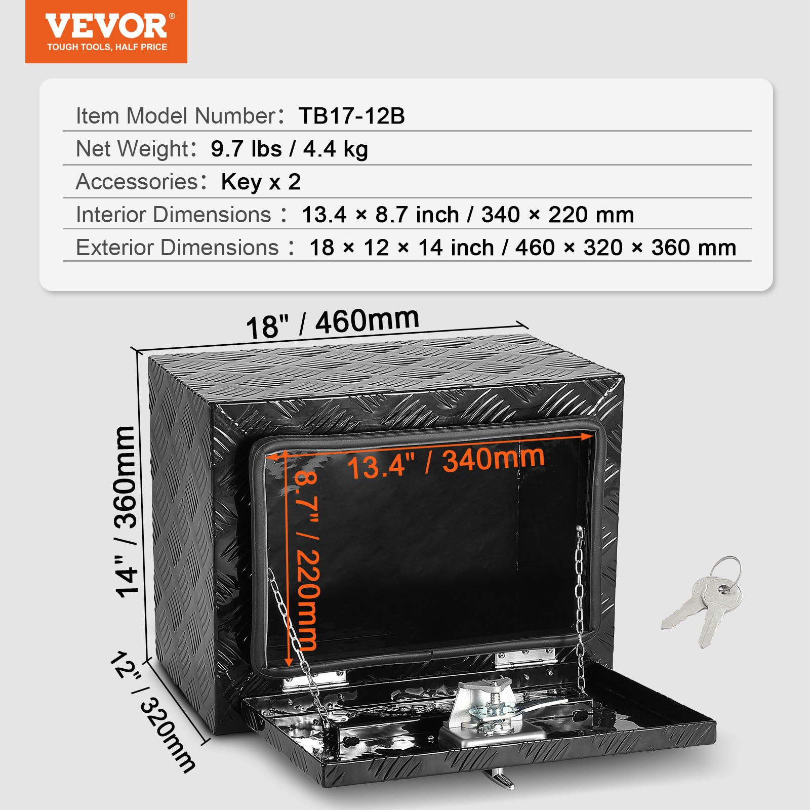 VEVOR Cassetta porta attrezzi per camion autocarro sottoscocca, Cassetta degli attrezzi 46x32x36cm, Scatola portaoggetti per pick-up, Lega di alluminio, Cassetta porta attrezzi carico 20 kg