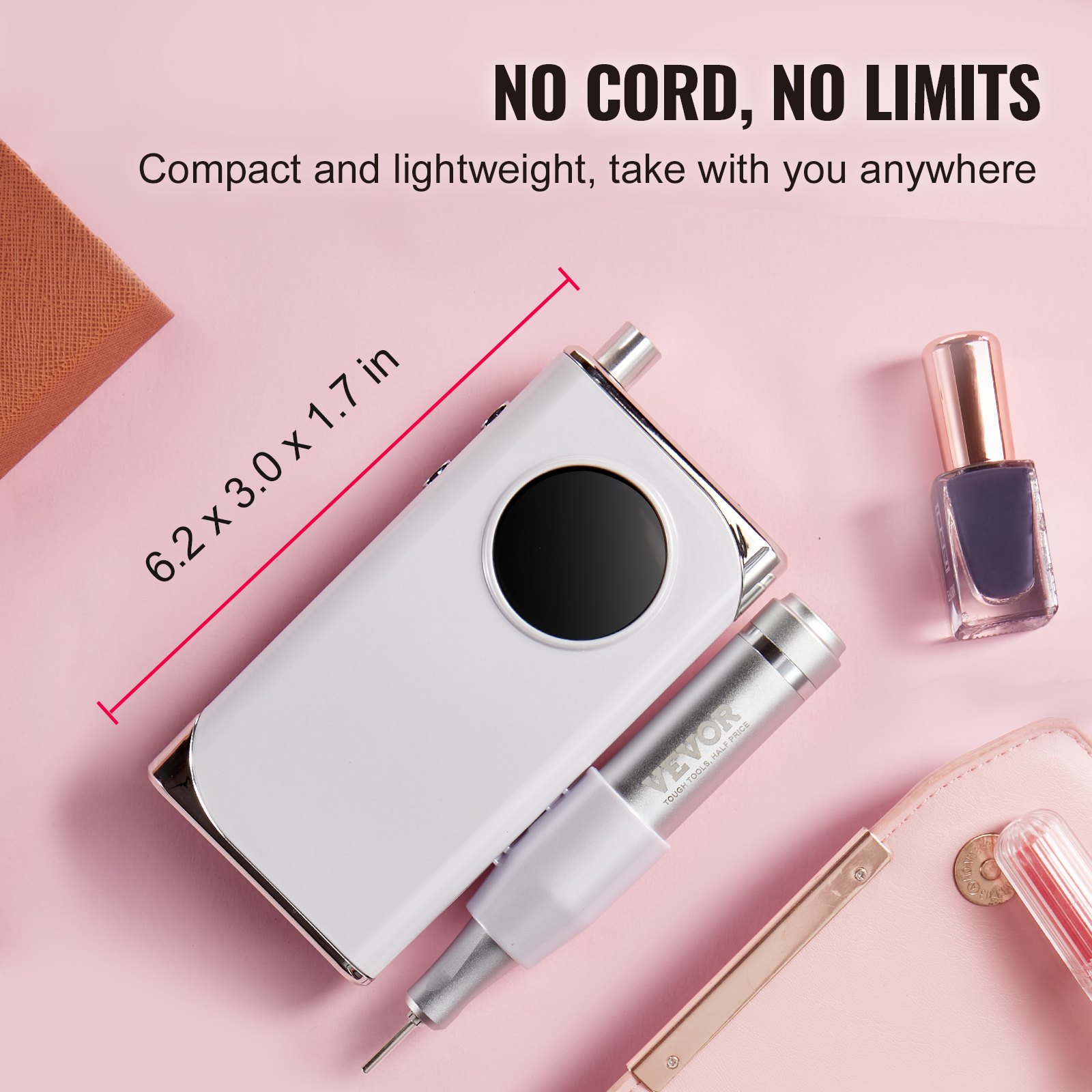 VEVOR Trapano Unghie Elettrico Ricaricabile 157 x 76 x 42 mm Lima per Unghie Portatile Senza Fili 40000 Giri/min con Schermo LCD, 6 Punte, 50 Bande Abrasive per Manicure Pedicure Smalto per Intagliare