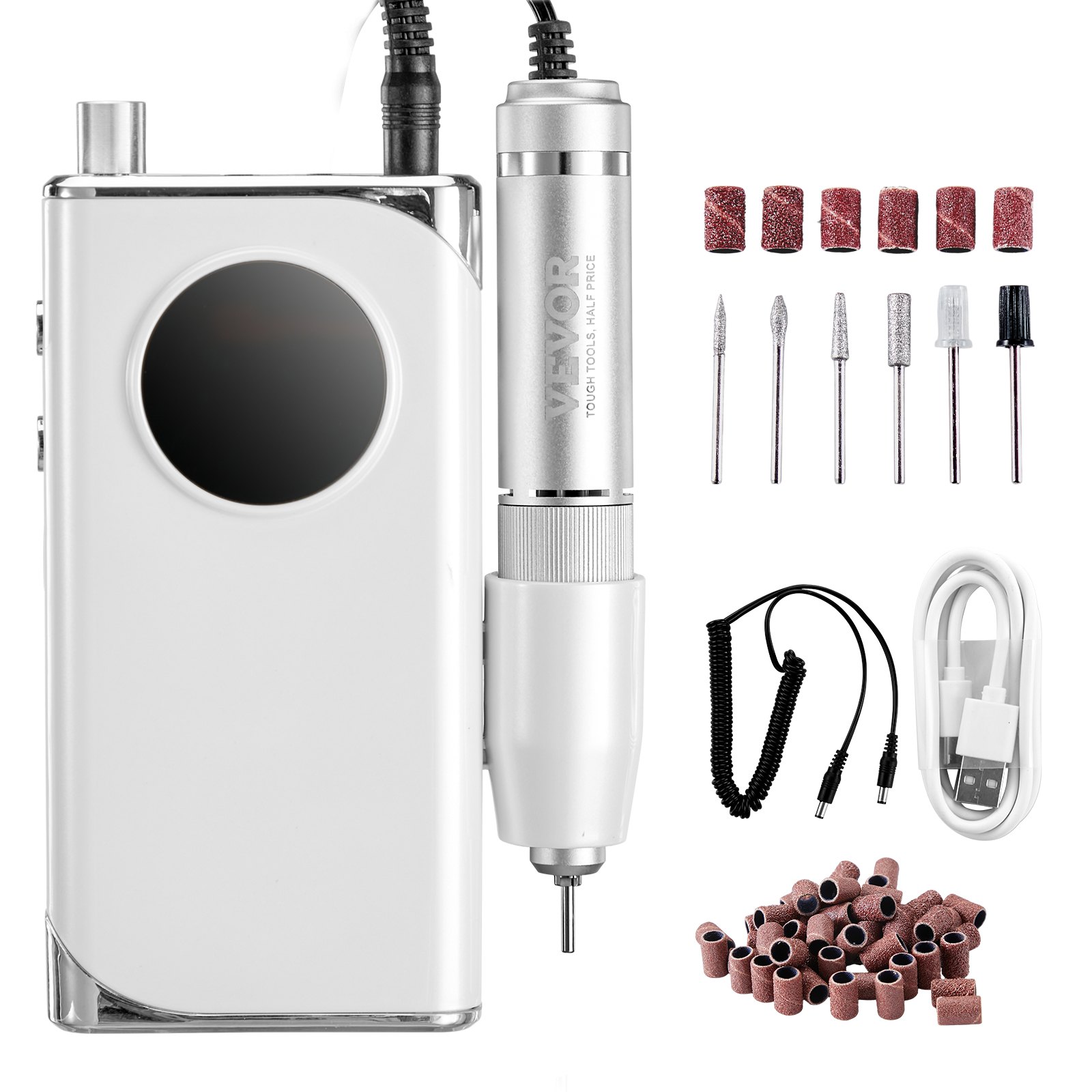 VEVOR Trapano Unghie Elettrico Ricaricabile 157 x 76 x 42 mm Lima per Unghie Portatile Senza Fili 40000 Giri/min con Schermo LCD, 6 Punte, 50 Bande Abrasive per Manicure Pedicure Smalto per Intagliare