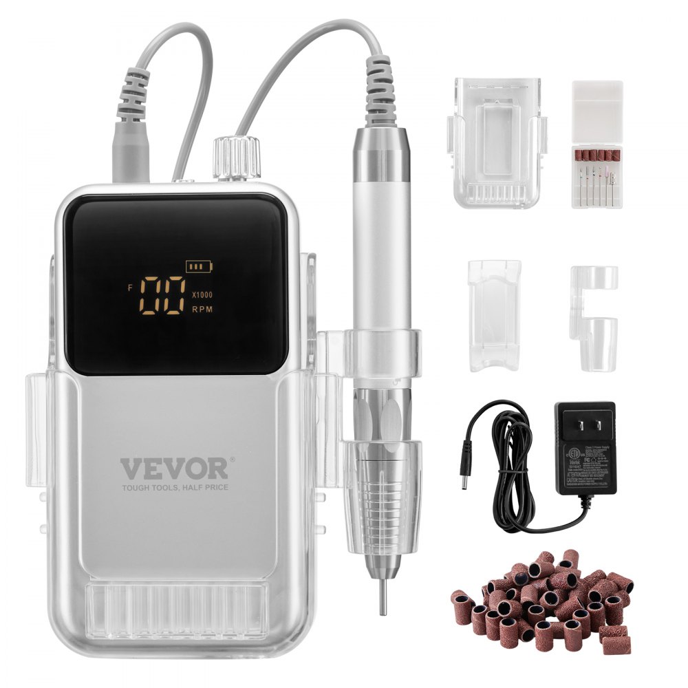 VEVOR Trapano Elettrico per Unghie Senza Fili con Motore Senza Spazzole 35000RRM Coppia Elevata, Lima per Unghie Ricaricabile, 6 Punte Banda Abrasiva 50 Pezzi per Unghie Gel Acrilico, per Manicure