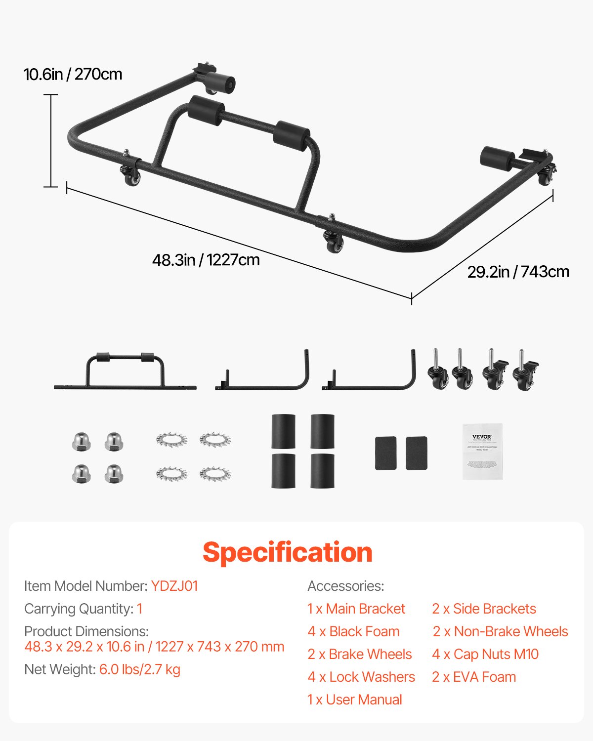 VEVOR Carrello Portaoggetti Rigido con Verniciatura a Polvere, Carrello Portaoggetti per Portiera Auto, con 3 Fori Regolabili e Imbottitura Morbida Ispessita, per Jeep Wrangler TJ, JK, JL, JT