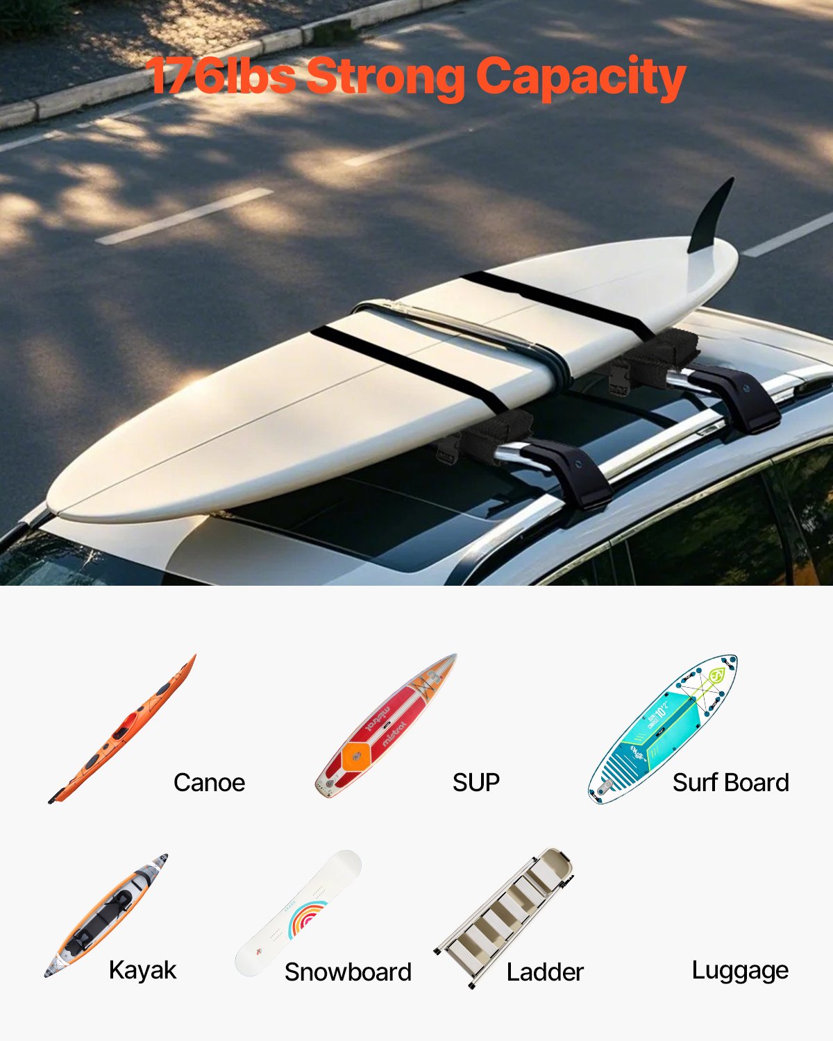 VEVOR Cuscinetti Morbidi per Portapacchi da Tetto, Cuscinetto Universale per Portapacchi per Auto 762 mm, Carico 80 kg con 2 Cinghie di Ancoraggio, 2 Cinghie ad Anello Borsa, per SUP Canoa Snowboard