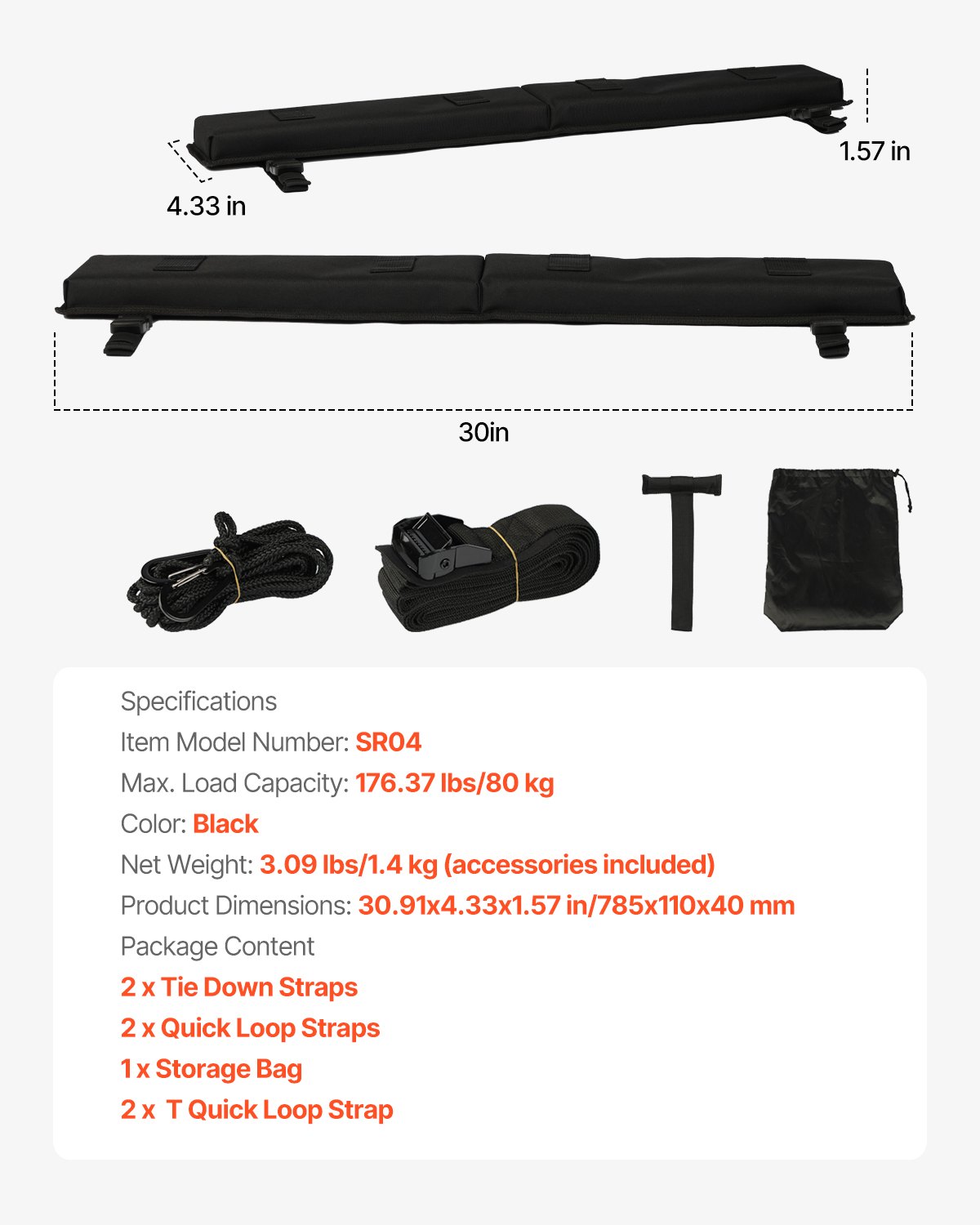 VEVOR Cuscinetti Morbidi per Portapacchi da Tetto, Cuscinetto Universale per Portapacchi per Auto 762 mm, Carico 80 kg con 2 Cinghie di Ancoraggio, 2 Cinghie ad Anello Borsa, per SUP Canoa Snowboard