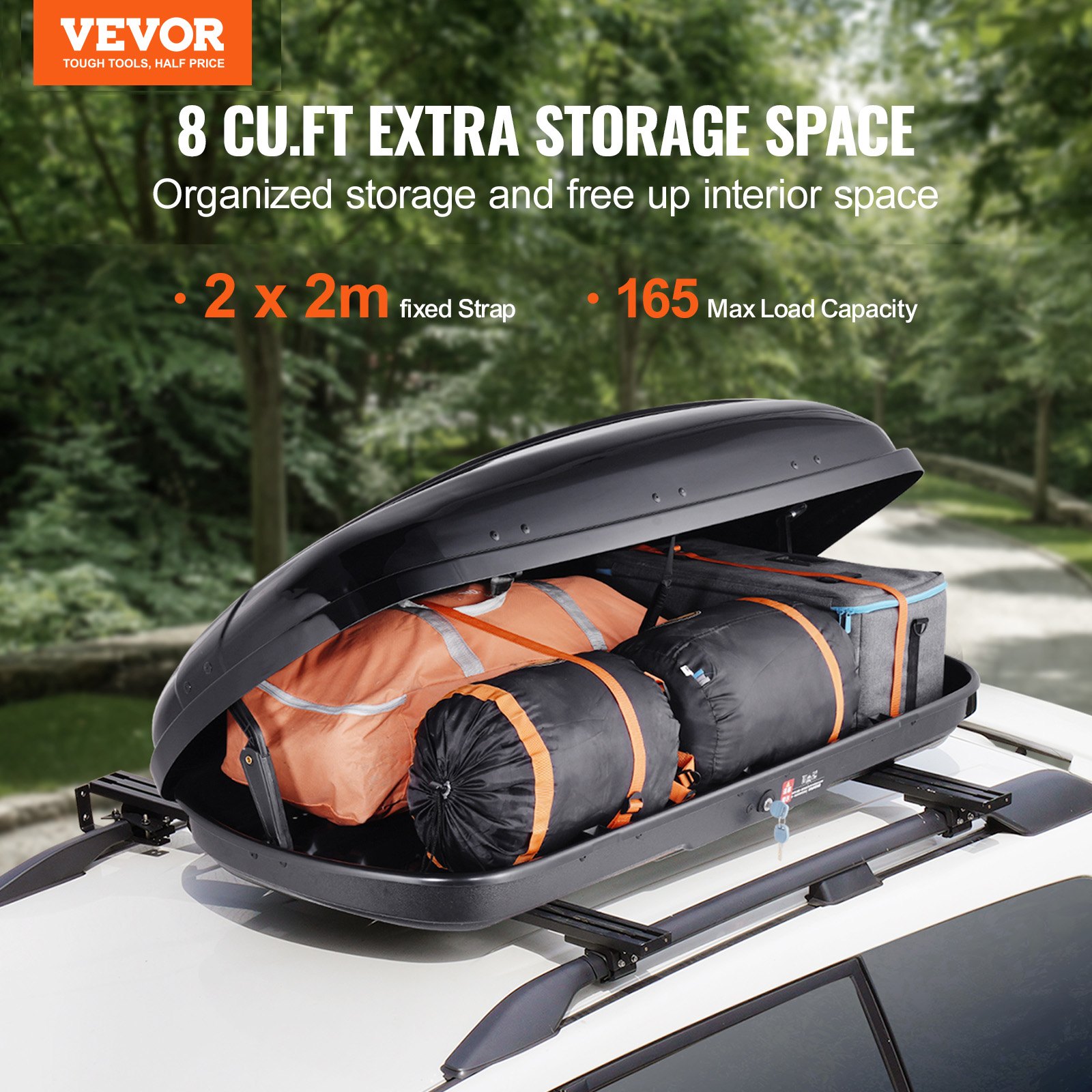 VEVOR Car Roof Box, Roof Luggage Box, Storage Box 220 L, ABS Hard Shell Roof Rack Storage Box with Dual-Sided Opening and 2 Reinforced Straps, Luggage Storage Box for SUVs, Black