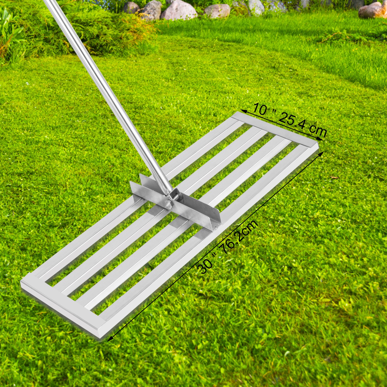 VEVOR Rastrello Livellatore per Prato Piastra da 76,2 x 25,4 cm, Asta 195 cm a Due Sezioni per Livella per Erba da Giardino da Golf in Acciaio Inox, Strumento Livellamento del Prato per Cortile