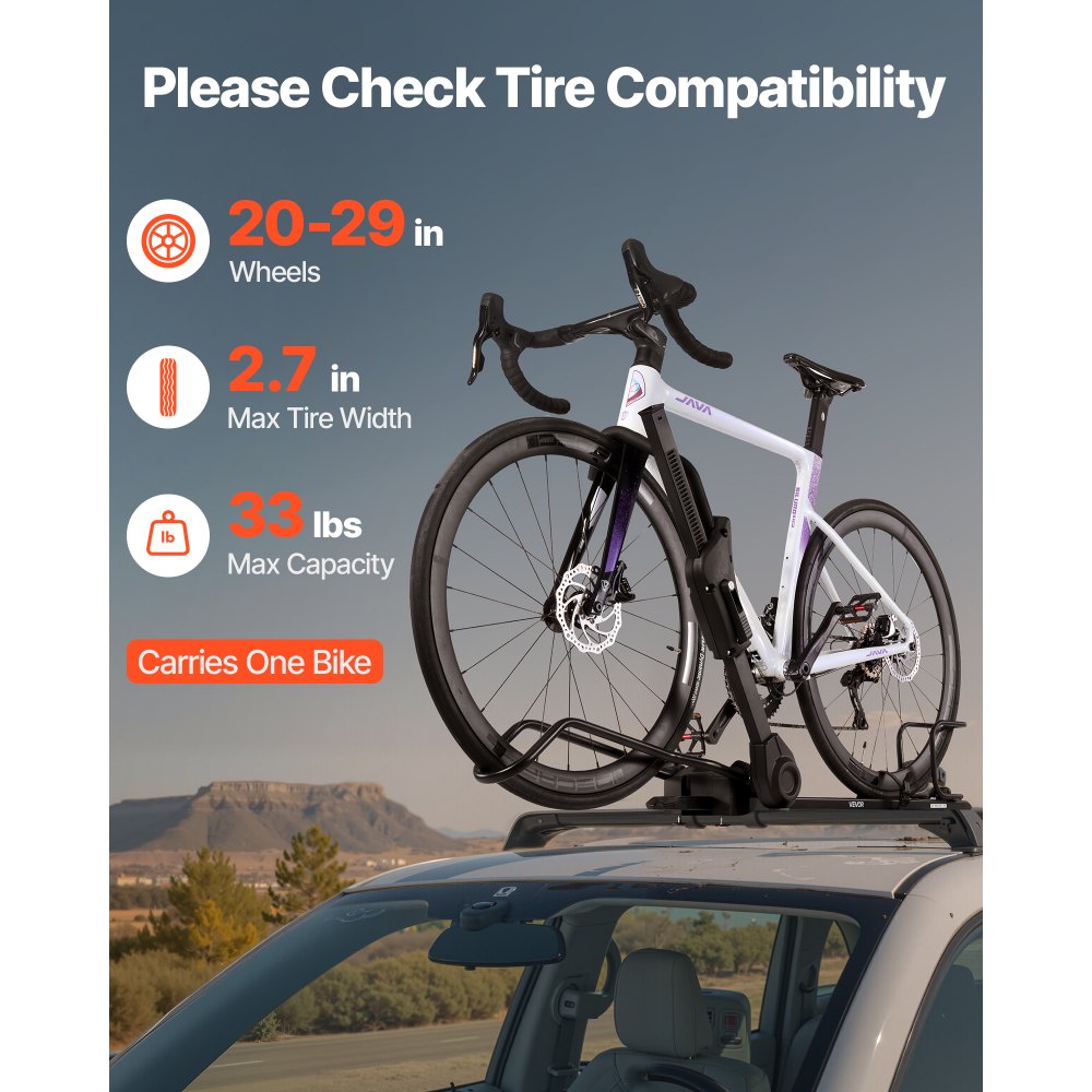 VEVOR Supporto Portabiciclette da Tetto Pieghevole Carico 15 kg, Portabici da Tetto con Sistema di Bloccaggio per Barre Trasversali Ruote da 508-737 mm, Portabicicletta da Tetto Verticale Auto