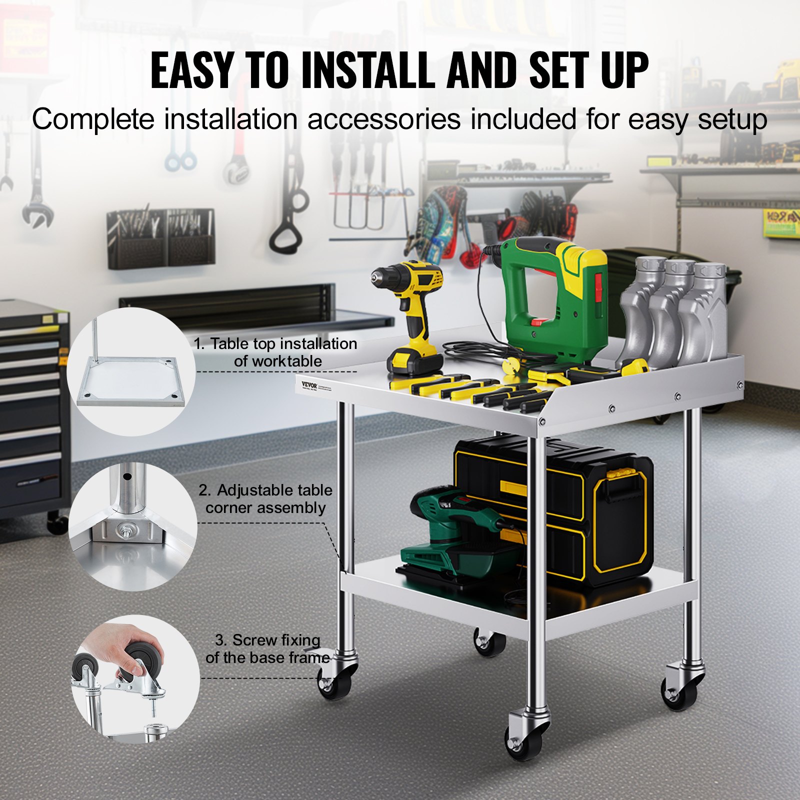 VEVOR Tavolo da Lavoro in Acciaio Inossidabile 610 x 711 x 751,6 mm Tavolo da Lavoro Commerciale per Preparazione degli Alimenti 4 Ruote, Alzatina su 3 Lati, Tavolo da Lavoro in Metallo per Ristorante