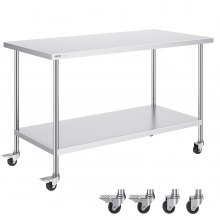 VEVOR Tavolo da Lavoro in Acciaio Inossidabile  762 x 1524 x 954 mm, con 4 Ruote, 3 Livelli di Altezza Regolabili, Tavolo Resistente per Preparazione Alimenti Ristoranti Cucina Commerciale, Argento