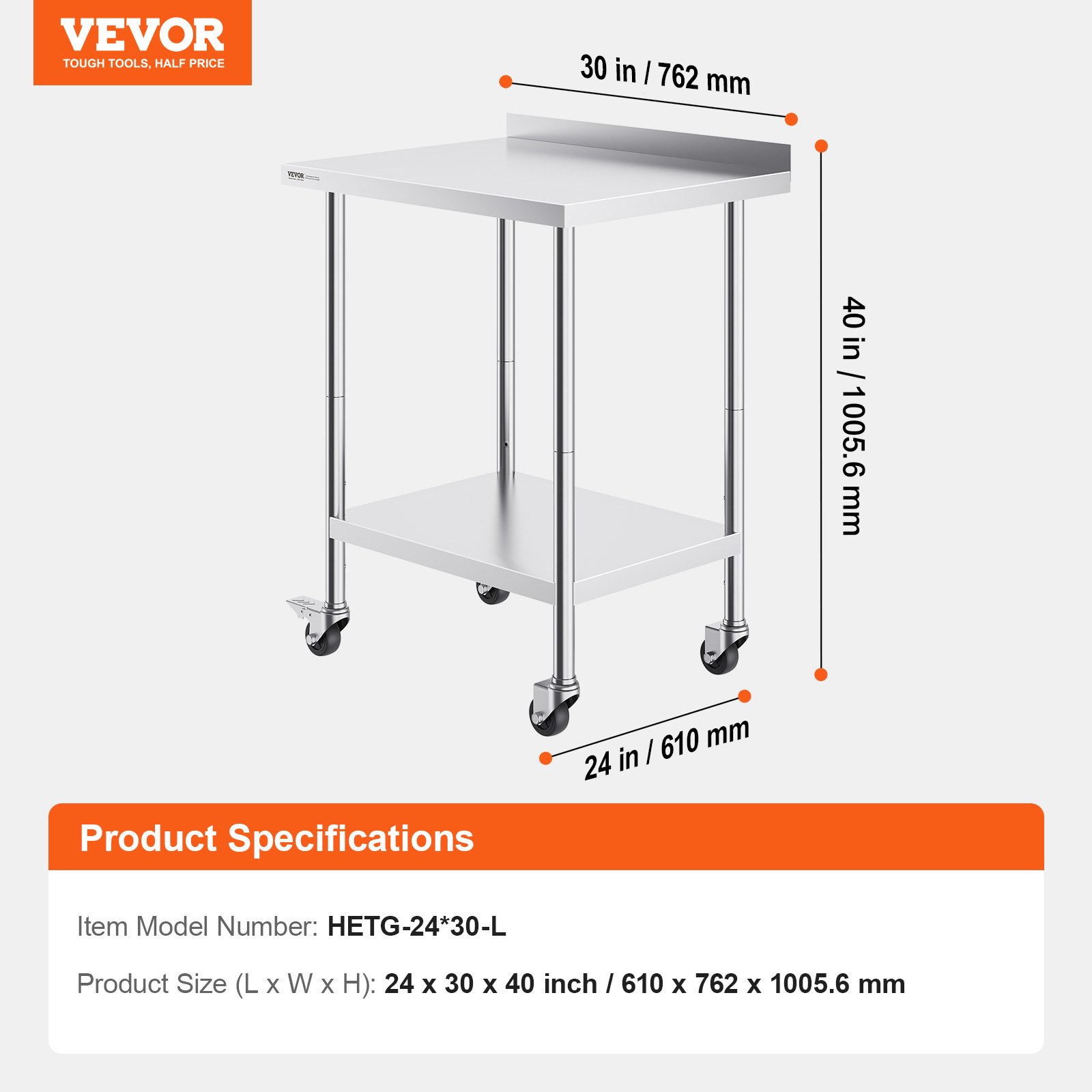 VEVOR Stainless Steel Work Table, Commercial Food Preparation Work Table with Wheels, Preparation Work Table, Height Adjustable Work Table for Restaurants and Hotels, 610 x 762 x 1005.6 mm