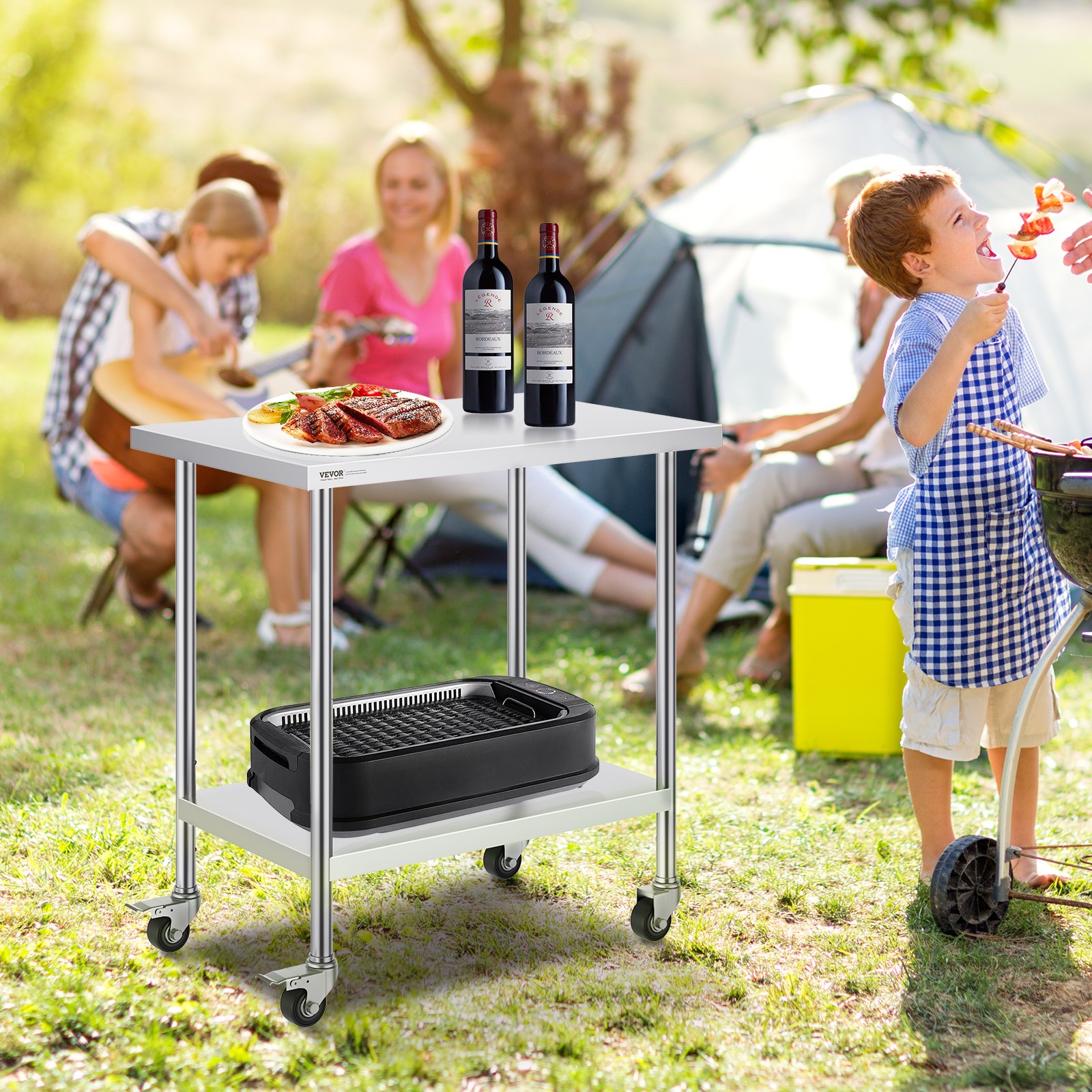 VEVOR Tavolo da Lavoro in Acciaio Inossidabile 610 x 914 x 954,6 mm Tavolo da Lavoro per Preparazione Alimenti Resistente con 4 Ruote, 3 Livelli di Altezza Regolabili,  per Ristoranti Cucina, Argento