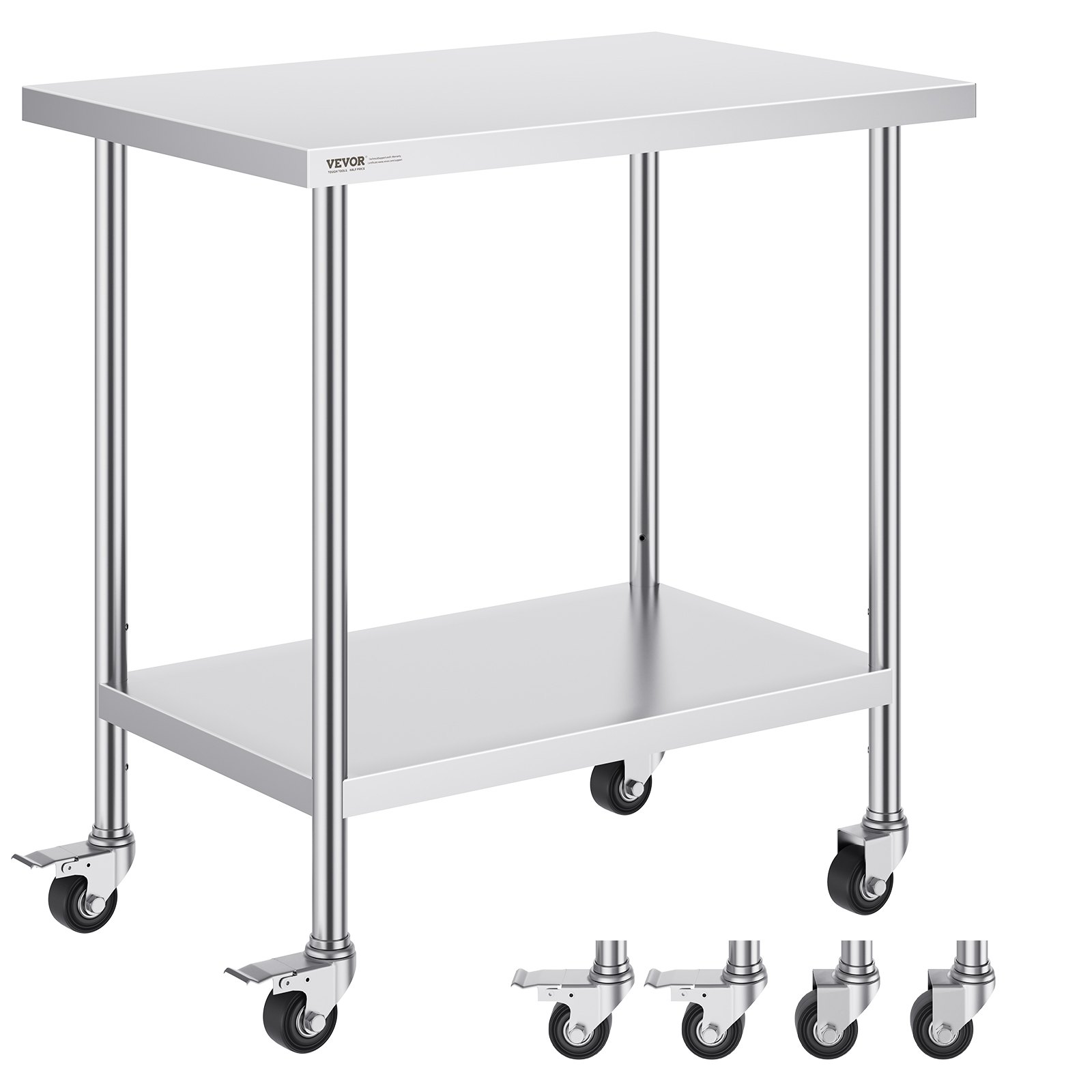 VEVOR stainless steel work table, 610 x 914 x 954.6 mm, preparation table with 4 wheels, 3 adjustable height levels, food preparation work table for commercial kitchens and restaurants