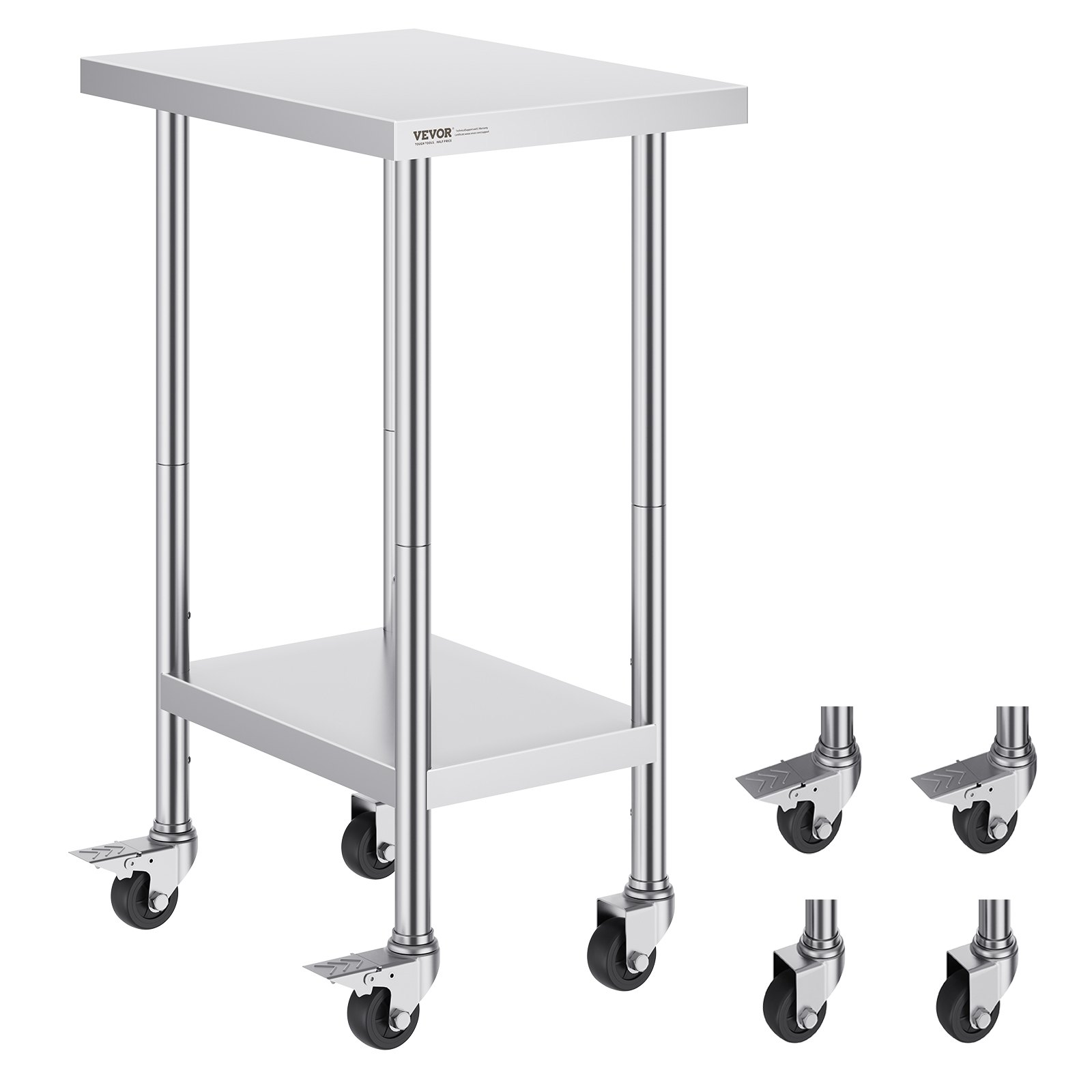 VEVOR Tavolo da Lavoro in Acciaio Inox 24 x 18 x 38 Pollici, con 4 Ruote, 3 Livelli di Altezza Regolabili, Tavolo da Lavoro per Preparazione Alimenti Pesante, per Cucina Commerciale, Ristorante