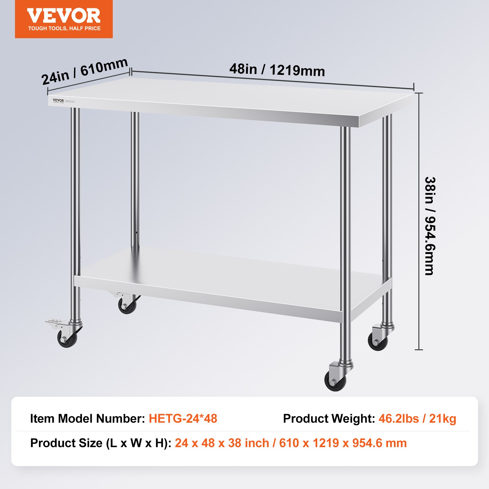 VEVOR Tavolo da Lavoro in Acciaio Inossidabile 610 x 1219 x 954 mm, con 4 Ruote, 3 Livelli di Altezza Regolabili, Tavolo Resistente per Preparazione Alimenti Ristoranti Cucina Commerciale, Argento