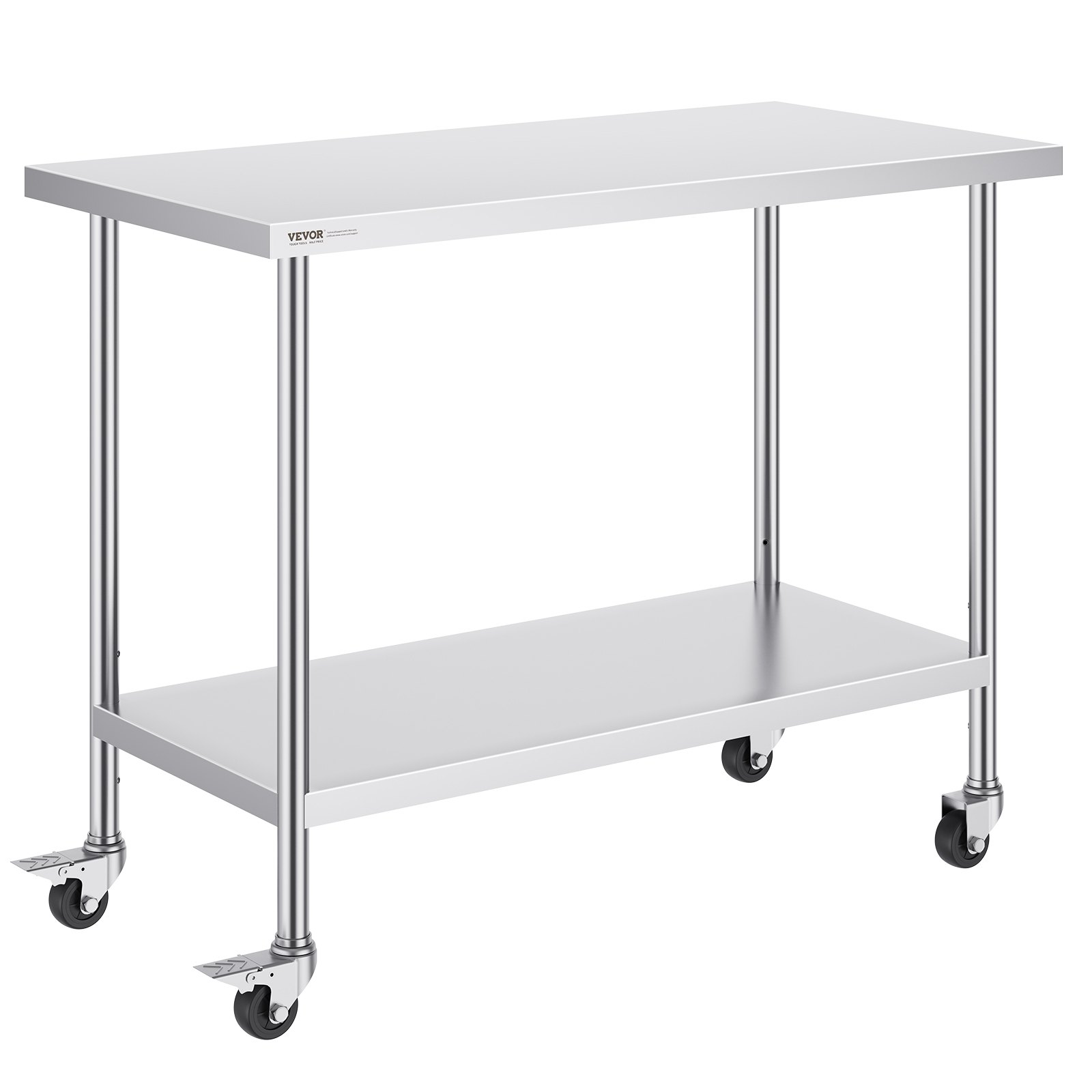 VEVOR Tavolo da Lavoro in Acciaio Inossidabile 610 x 1219 x 954 mm, con 4 Ruote, 3 Livelli di Altezza Regolabili, Tavolo Resistente per Preparazione Alimenti Ristoranti Cucina Commerciale, Argento