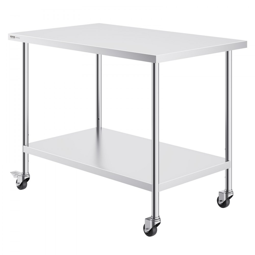 VEVOR stainless steel work table with 4 wheels, preparation table with 3 adjustable height levels, robust work table for commercial kitchens and restaurants, silver