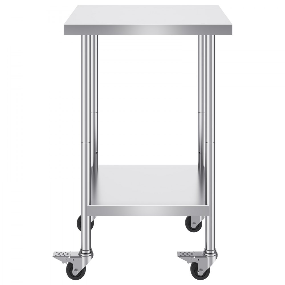 VEVOR Tavolo da Lavoro in Acciaio Inossidabile 610 x 610 x 954 mm, con 4 Ruote, 3 Livelli di Altezza Regolabili, Tavolo Resistente per Preparazione Alimenti Ristoranti Cucina Commerciale, Argento