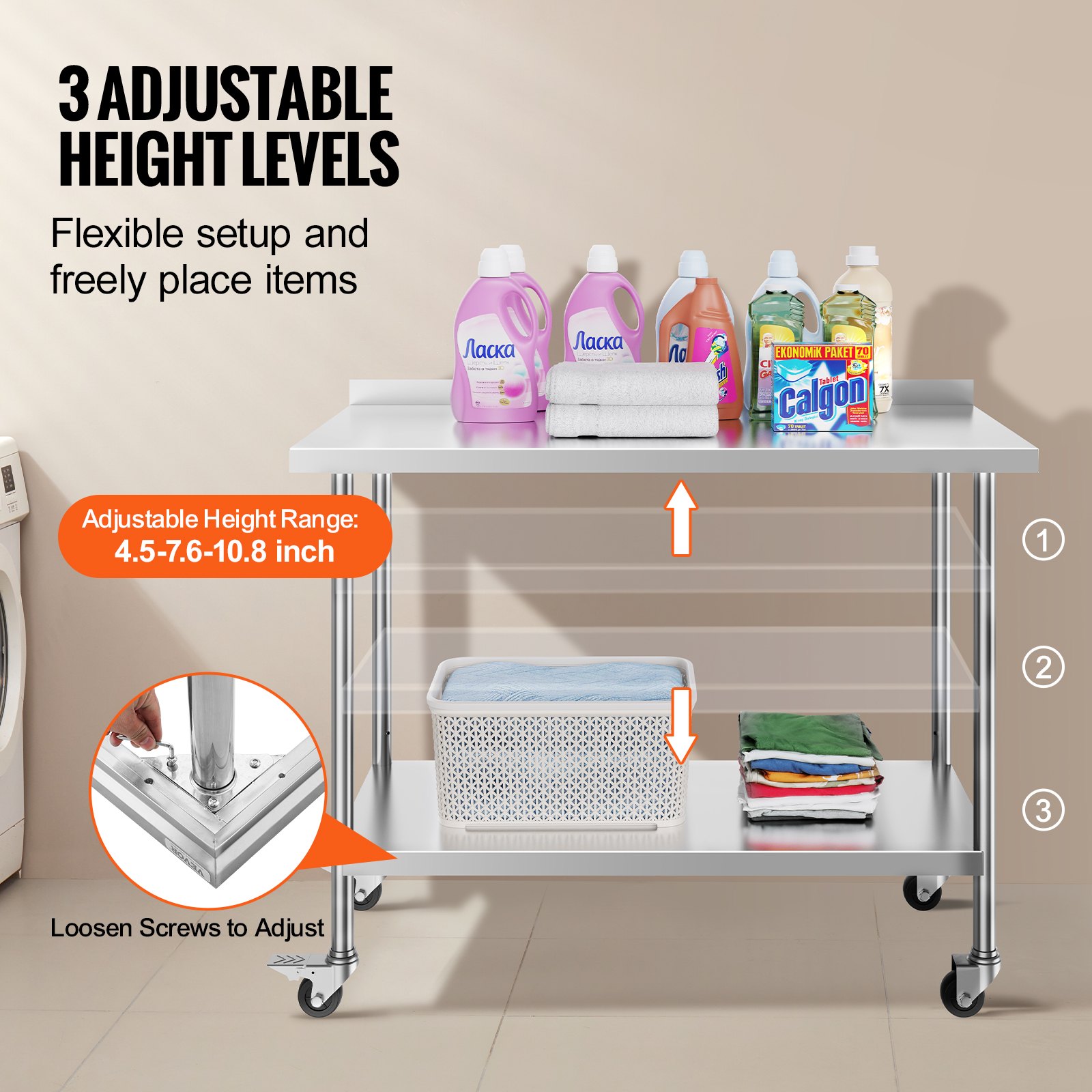 VEVOR Tavolo da Lavoro in Acciaio Inossidabile 610 x 1219x 1005 mm Tavolo Commerciale Preparazione Alimenti Ruote, Tavolo da Lavoro Carichi Pesanti, Tavolo Altezza Regolabile Ristorante Casa Hotel