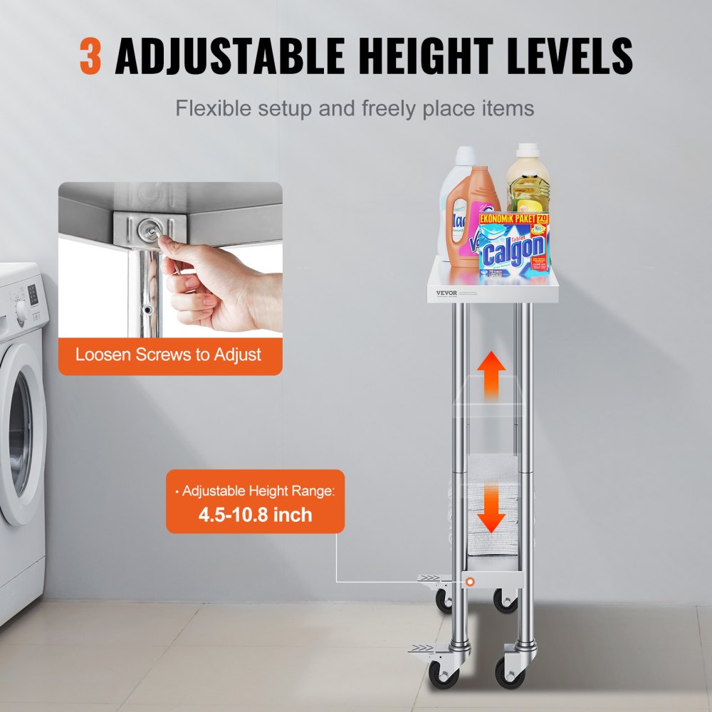 VEVOR Tavolo da Lavoro in Acciaio Inossidabile 610 x 350 x 954 mm, con 4 Ruote, 3 Livelli di Altezza Regolabili, Tavolo Resistente per Preparazione Alimenti Ristoranti Cucina Commerciale, Argento