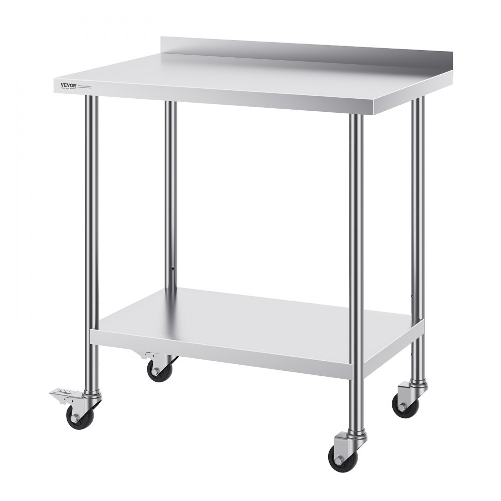 VEVOR Stainless Steel Work Table, Commercial Food Preparation Work Table with Wheels, Preparation Work Table, Metal Work Table with Adjustable Height for Restaurants 610 x 914 x 1005.6 mm