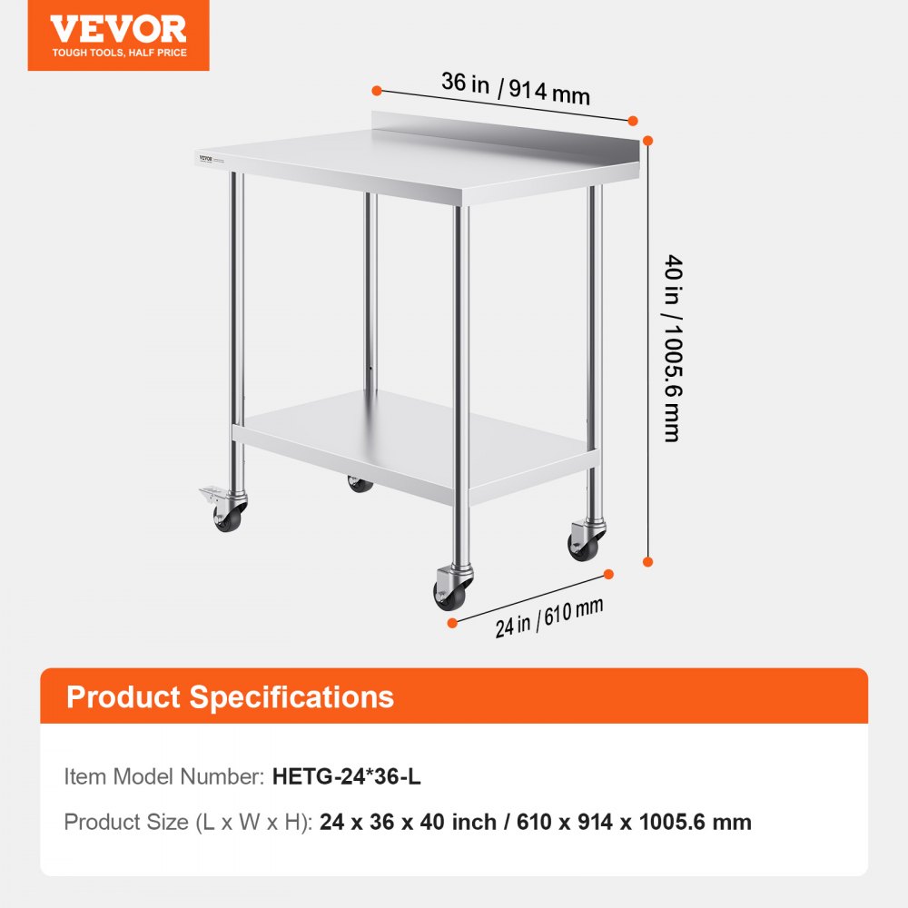 VEVOR Tavolo da Lavoro in Acciaio Inox 610x914x1005,6 mm, Tavolo da Lavoro per la Preparazione Alimentare Commerciale per Preparazione da Cucina, Tavolo da Lavoro Altezza Regolabile da Cucina