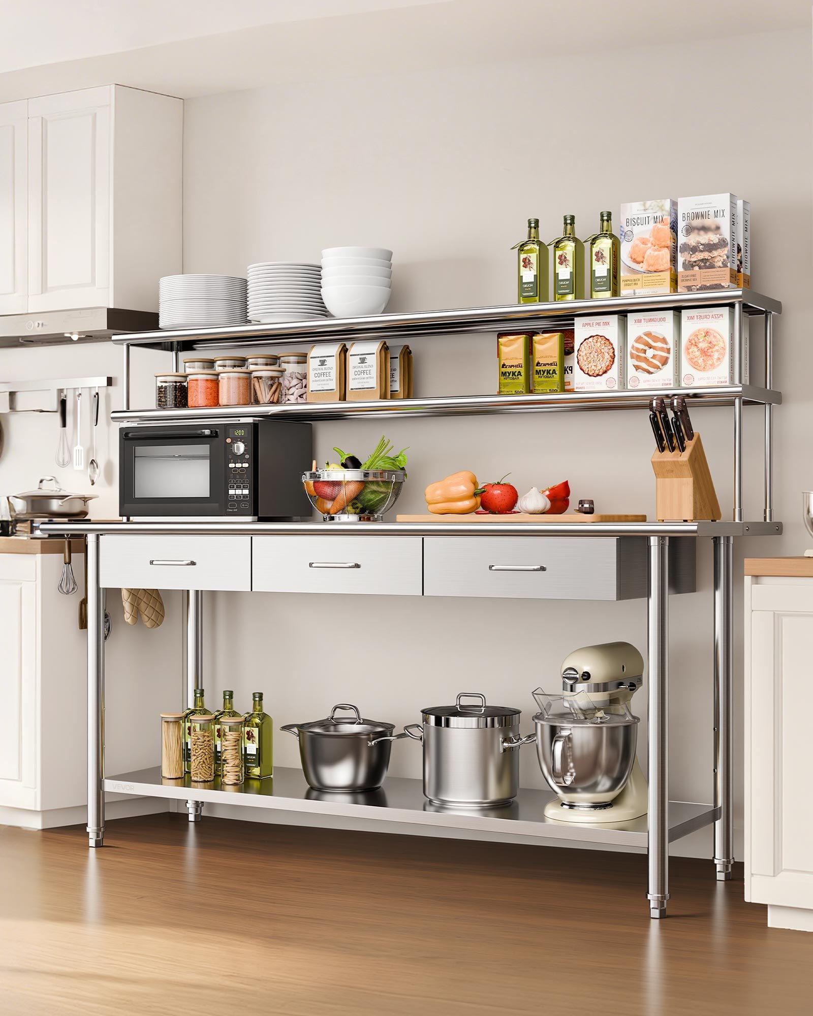 VEVOR Tavolo da Lavoro per Cucina, Tavolo per Preparazione da Cucina 1829 x 610 x 1400 mm in Acciaio Inox con 3 Cassetti Ripiani Portaoggetti, Piano Carico max 263 kg, Ristorante, Hotel, Supermercato