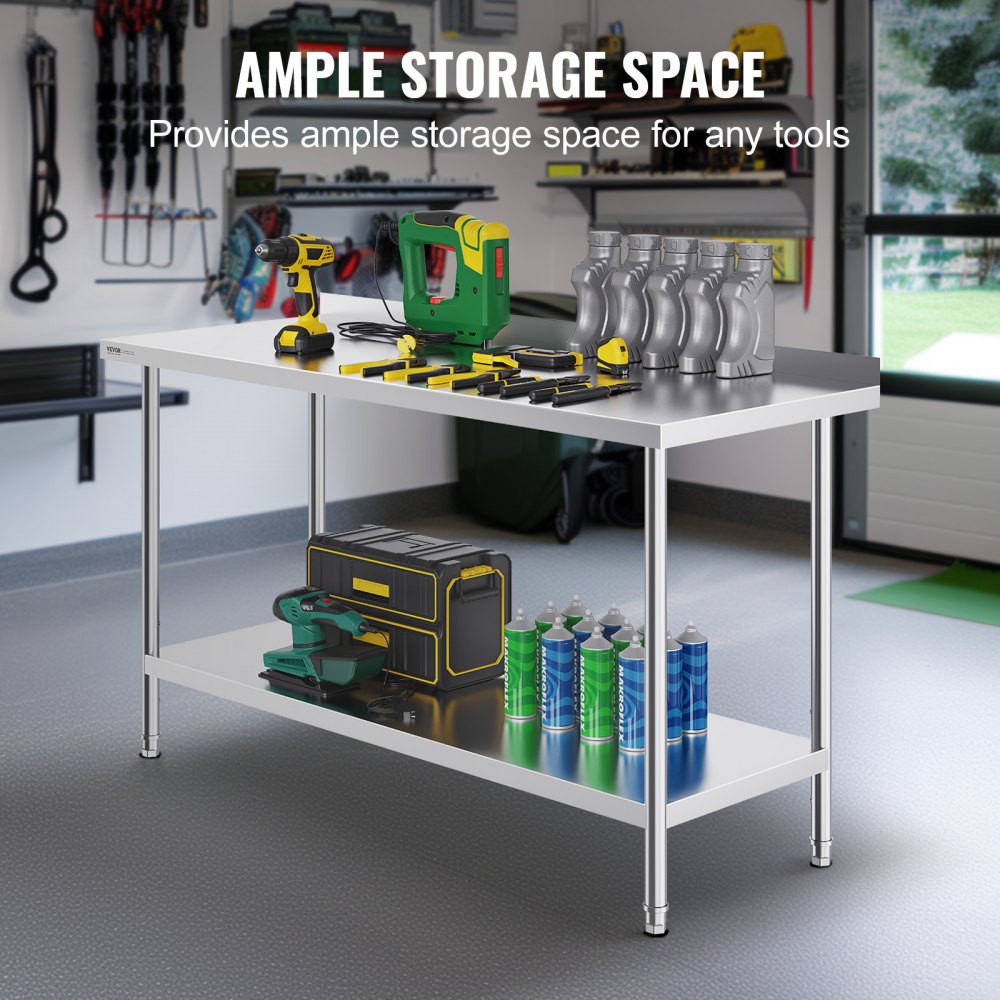 VEVOR Tavolo da Lavoro in Acciaio Inossidabile  610 x 1524 x 914 mm, con 4 Ruote, 3 Livelli di Altezza Regolabili, Tavolo Resistente per Preparazione Alimenti Ristoranti Cucina Commerciale, Argento