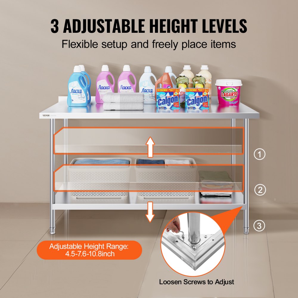 VEVOR Tavolo da Lavoro in Acciaio Inossidabile  610 x 1524 x 914 mm, con 4 Ruote, 3 Livelli di Altezza Regolabili, Tavolo Resistente per Preparazione Alimenti Ristoranti Cucina Commerciale, Argento