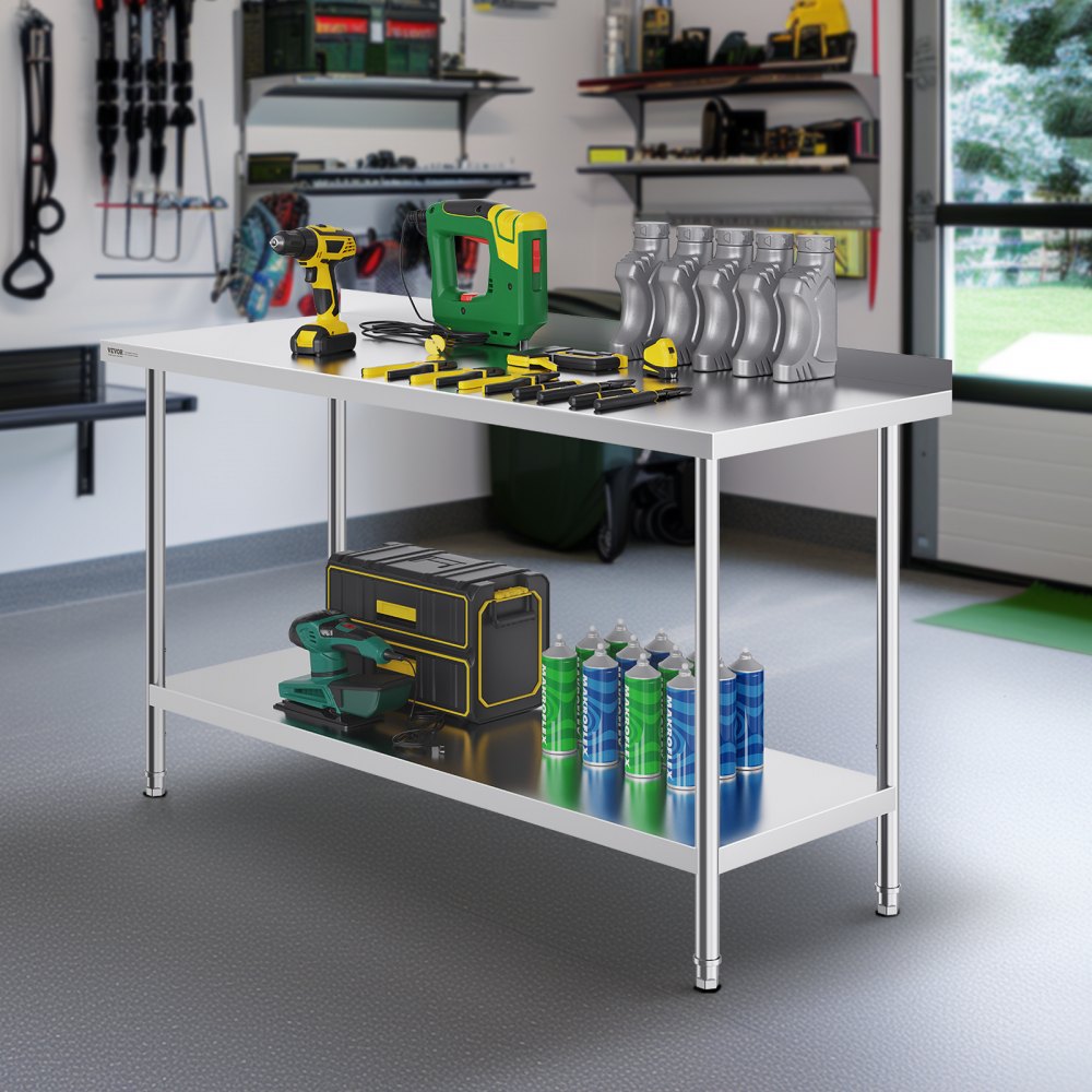 VEVOR Tavolo da Lavoro in Acciaio Inossidabile  610 x 1524 x 914 mm, con 4 Ruote, 3 Livelli di Altezza Regolabili, Tavolo Resistente per Preparazione Alimenti Ristoranti Cucina Commerciale, Argento