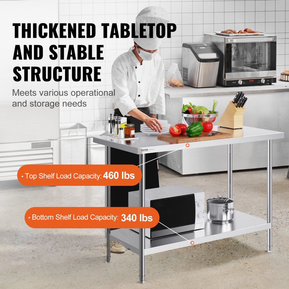 VEVOR Tavolo da Lavoro in Acciaio Inossidabile  610 x 1219 x 864 mm, 3 Livelli di Altezza Regolabili, Tavolo Resistente per Preparazione Alimenti Ristoranti Cucina Commerciale, Argento