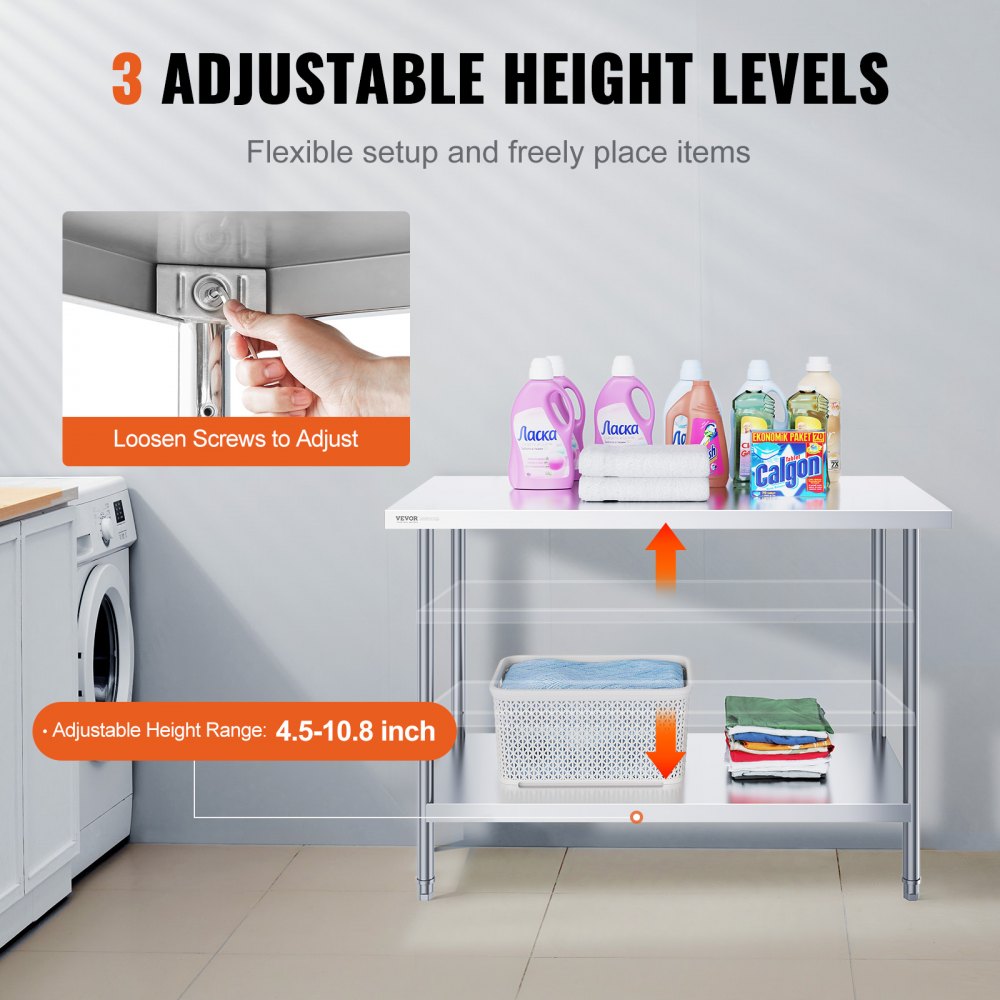VEVOR Tavolo da Lavoro in Acciaio Inossidabile  610 x 1219 x 864 mm, 3 Livelli di Altezza Regolabili, Tavolo Resistente per Preparazione Alimenti Ristoranti Cucina Commerciale, Argento