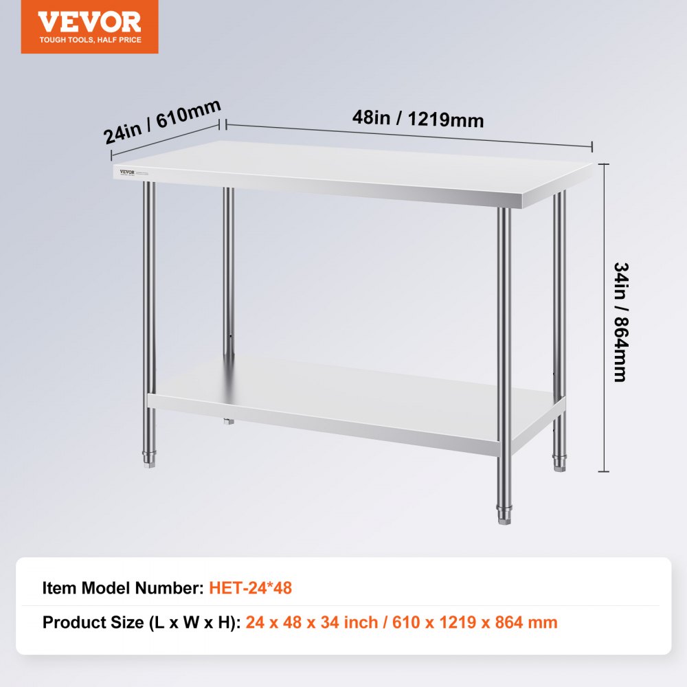 VEVOR Tavolo da Lavoro in Acciaio Inossidabile  610 x 1219 x 864 mm, 3 Livelli di Altezza Regolabili, Tavolo Resistente per Preparazione Alimenti Ristoranti Cucina Commerciale, Argento