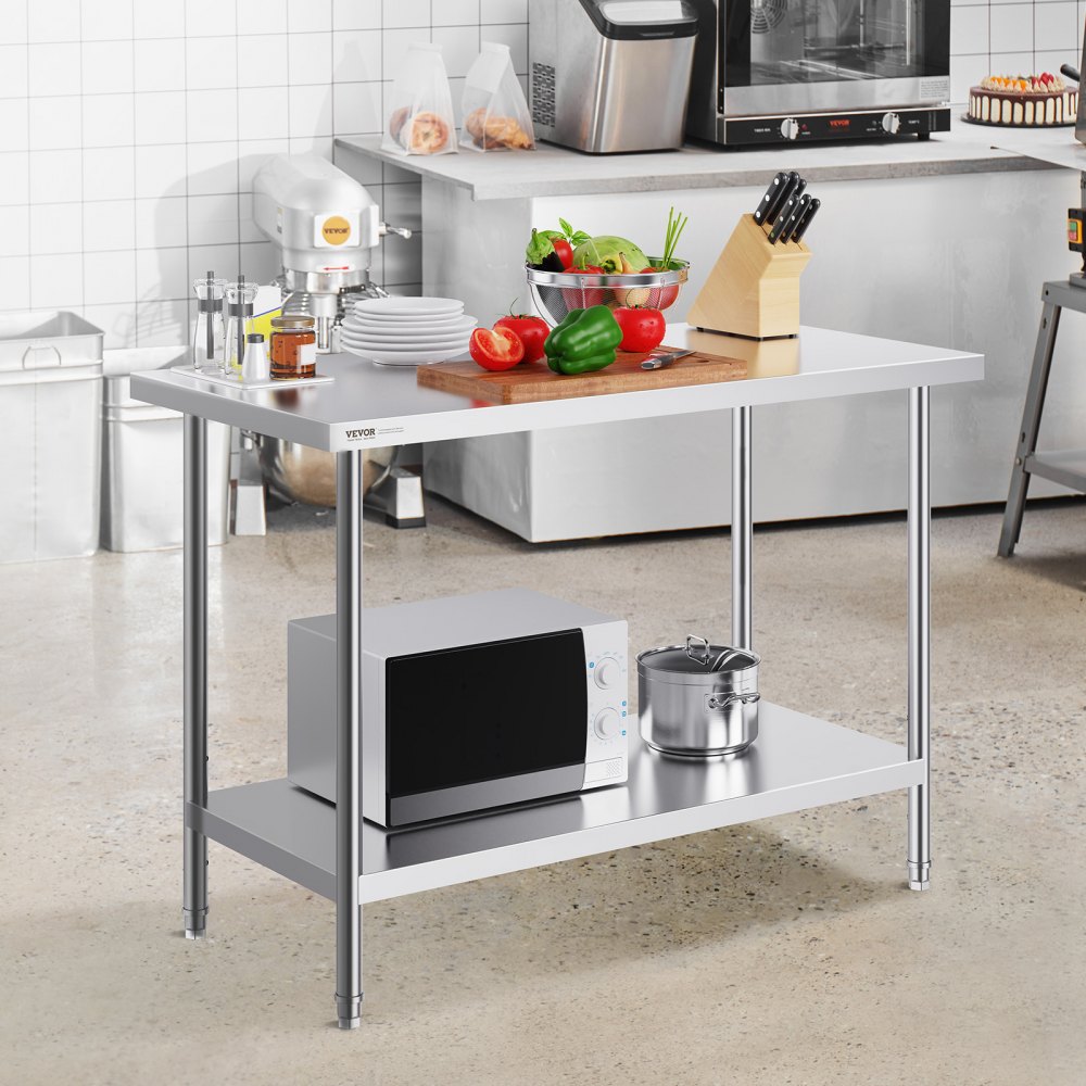VEVOR Tavolo da Lavoro in Acciaio Inossidabile  610 x 1219 x 864 mm, 3 Livelli di Altezza Regolabili, Tavolo Resistente per Preparazione Alimenti Ristoranti Cucina Commerciale, Argento
