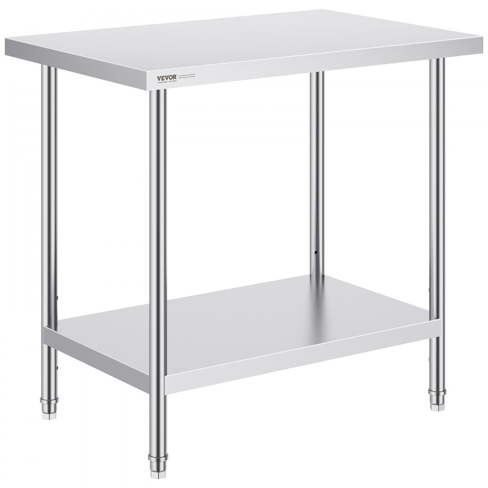VEVOR stainless steel preparation table, 61 x 91 x 86 cm, 340 kg load capacity, robust metal work table with 3 adjustable height levels, commercial workstation for kitchen, garage, restaurant, backyard