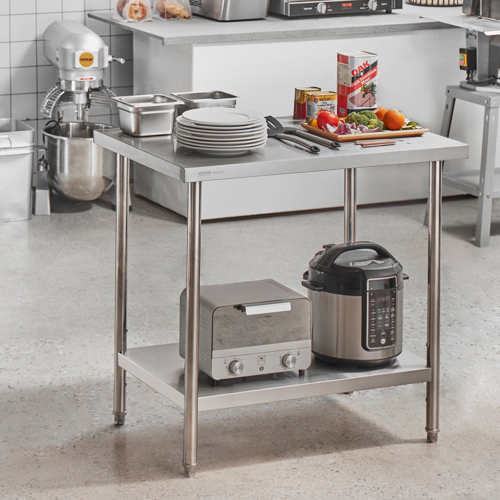 VEVOR Tavolo da Lavoro in Acciaio Inossidabile 610 x 914 x 864 mm, con 4 Ruote, 3 Livelli di Altezza Regolabili, Tavolo Resistente per Preparazione Alimenti Ristoranti Cucina Commerciale, Argento
