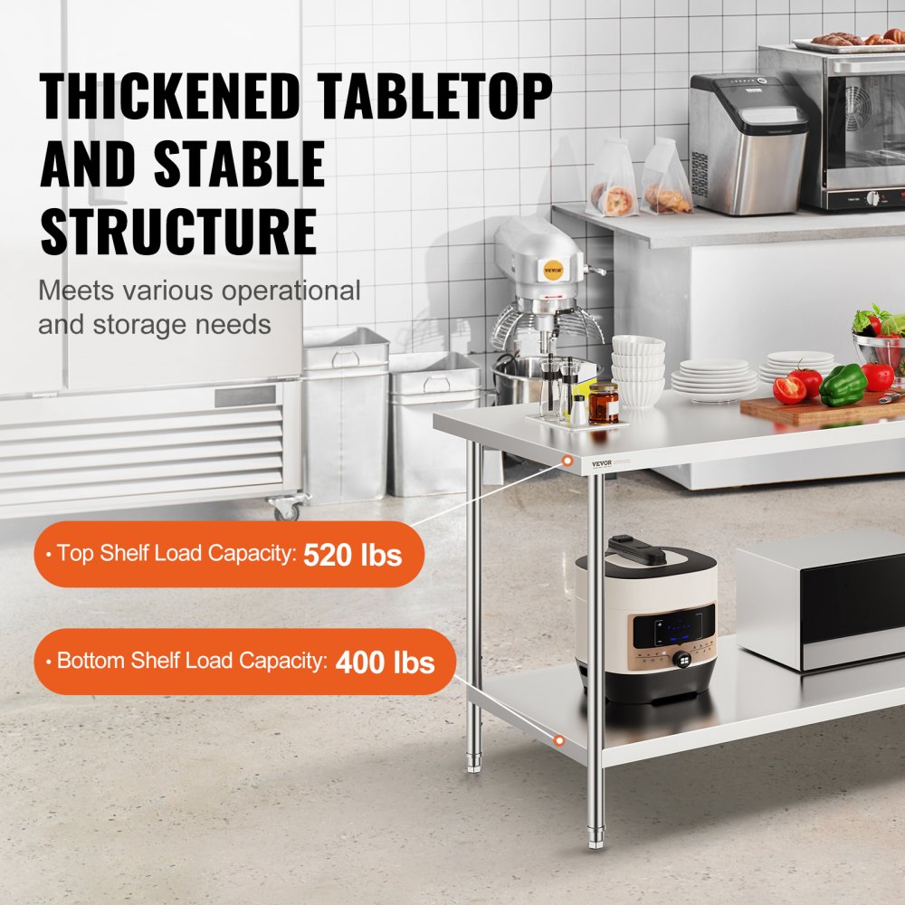 VEVOR Tavolo da Lavoro in Acciaio Inossidabile 762 x 1829 x 864 mm, 3 Livelli di Altezza Regolabili, Tavolo Resistente per Preparazione Alimenti Ristoranti Cucina Commerciale, Argento