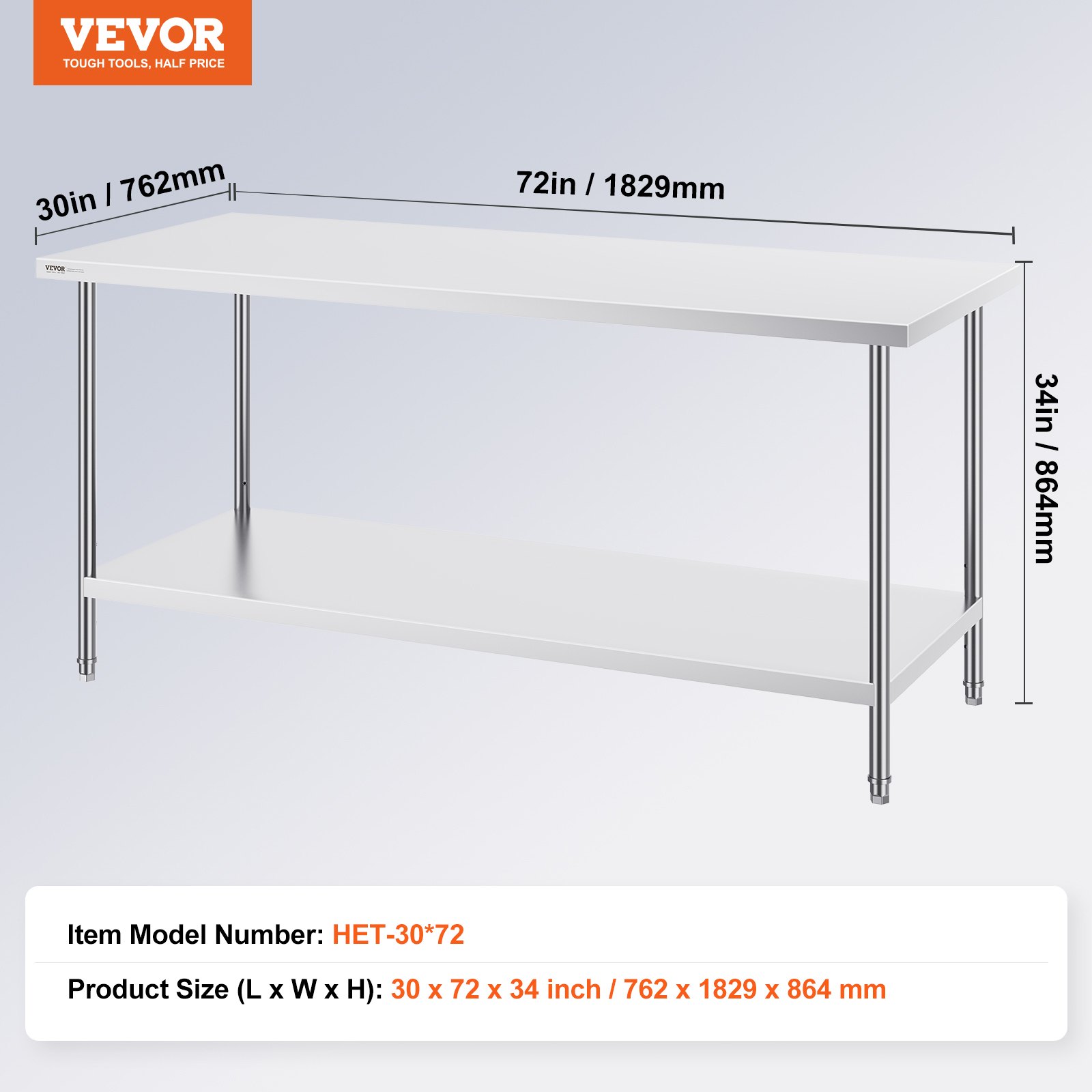 VEVOR Stainless Steel Preparation Table, Robust Metal Work Table with 3 Adjustable Height Levels, Workstation for Kitchen, Garage, Restaurant, Backyard 762 x 1829 x 864 mm