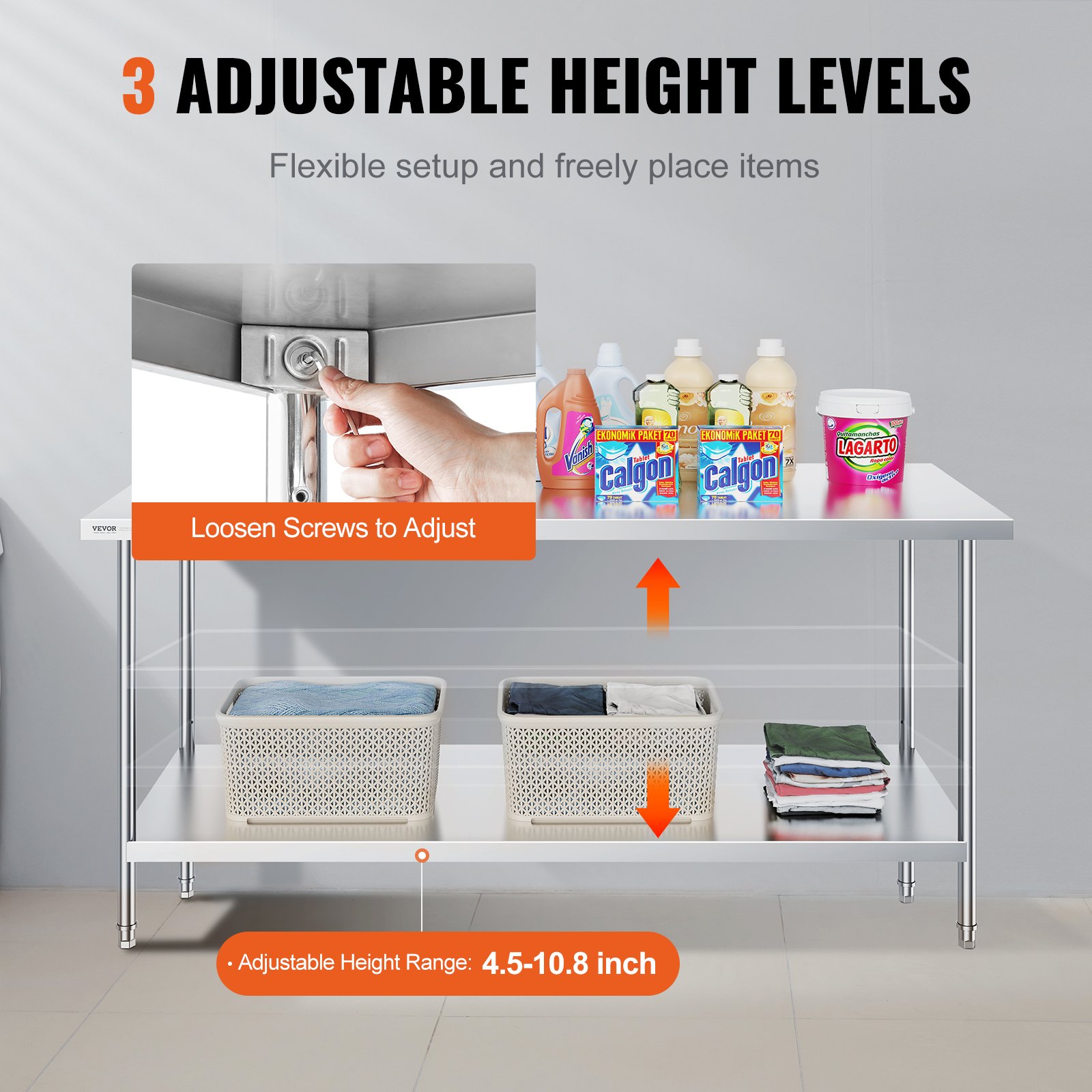 VEVOR Tavolo da Lavoro in Acciaio Inossidabile 762 x 1829 x 864 mm, 3 Livelli di Altezza Regolabili, Tavolo Resistente per Preparazione Alimenti Ristoranti Cucina Commerciale, Argento