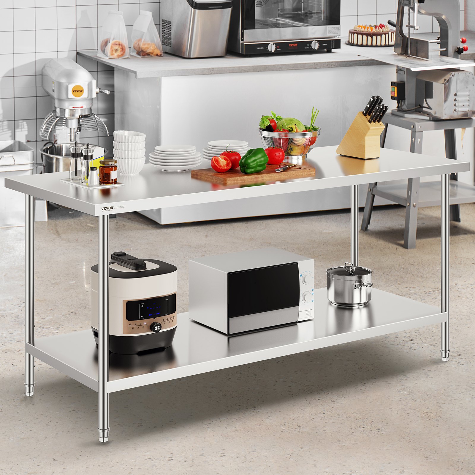VEVOR Tavolo da Lavoro in Acciaio Inossidabile 762 x 1829 x 864 mm, 3 Livelli di Altezza Regolabili, Tavolo Resistente per Preparazione Alimenti Ristoranti Cucina Commerciale, Argento
