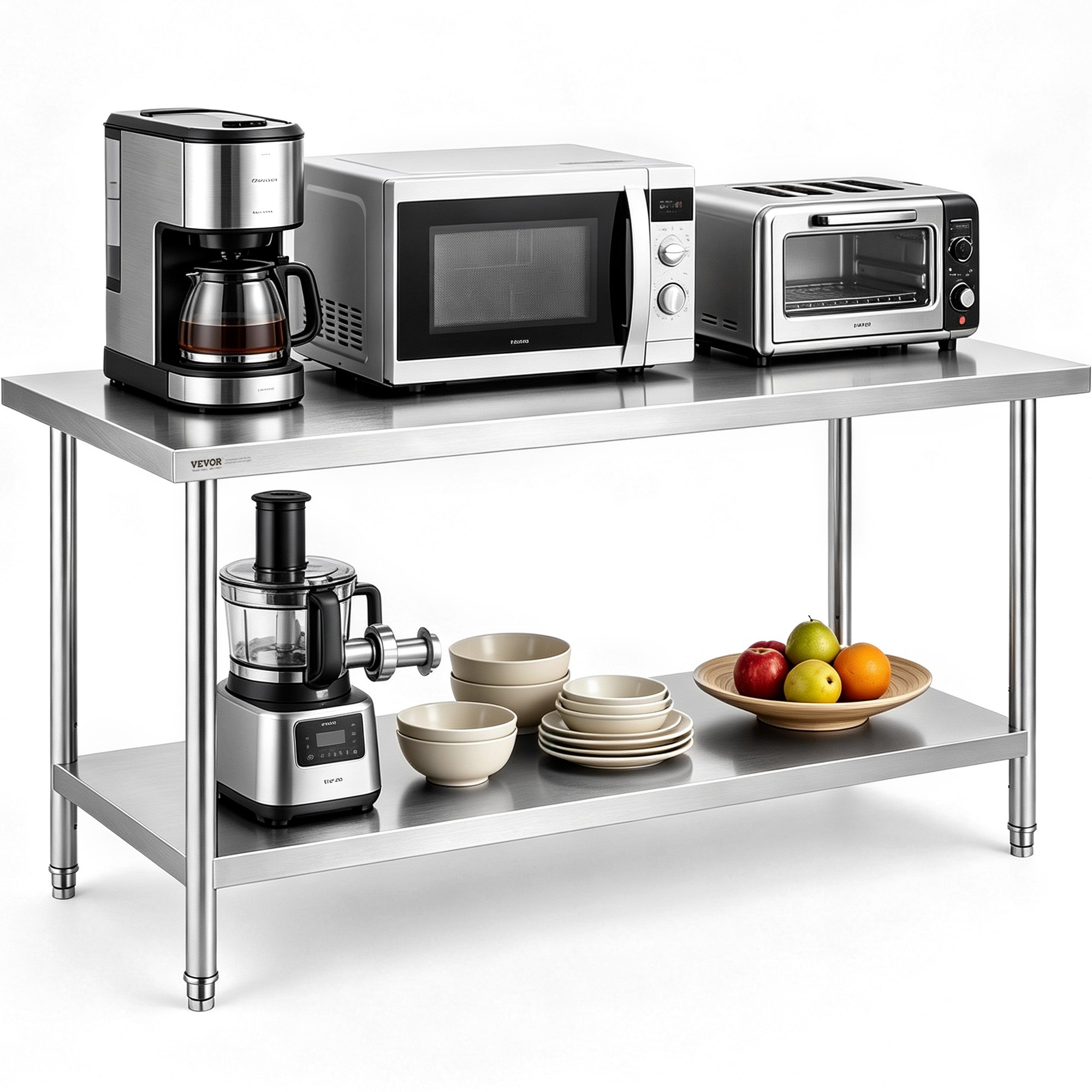 VEVOR Tavolo da Lavoro in Acciaio Inossidabile 762 x 1829 x 864 mm, 3 Livelli di Altezza Regolabili, Tavolo Resistente per Preparazione Alimenti Ristoranti Cucina Commerciale, Argento