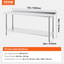 VEVOR Tavolo da Lavoro Acciaio Inossidabile Cucina Tavolo Alimenti 610x1829 mm