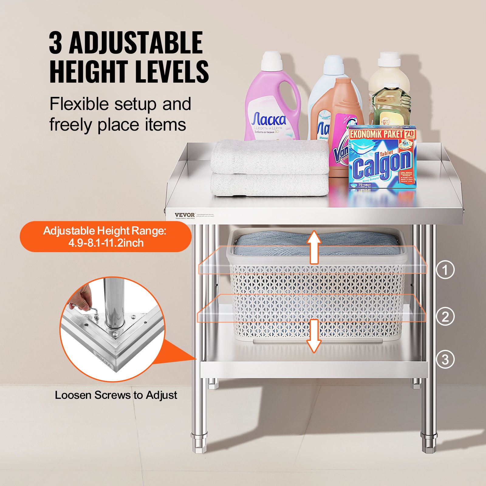 VEVOR Tavolo da Lavoro in Acciaio Inossidabile 610 x 711 x 660 mm Tavolo da Lavoro Commerciale per Preparazione degli Alimenti con Alzatina su 3 Lati, con Altezza Regolabile per Casa Ristorante Hotel