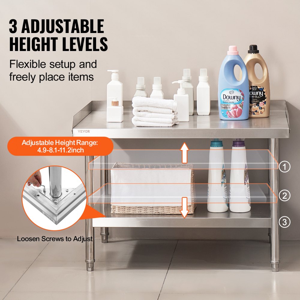 VEVOR Tavolo da Lavoro in Acciaio Inossidabile 762 x 914 x 660 mm Tavolo da Lavoro Commerciale per Preparazione degli Alimenti con Alzatina su 3 Lati, con Altezza Regolabile per Casa Ristorante Hotel