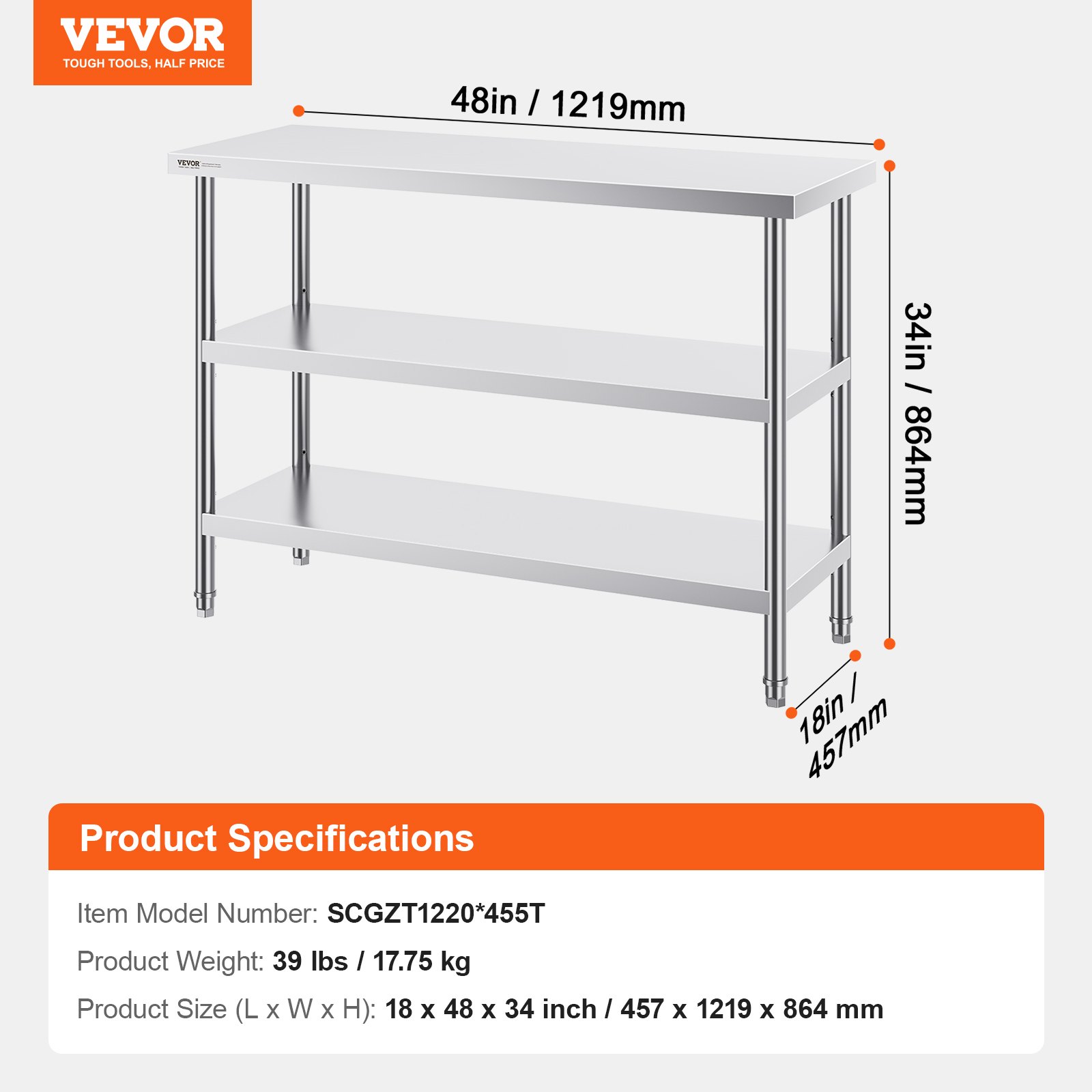 VEVOR Stainless Steel Food Preparation Table, Commercial Kitchen Work Table, with 2 Adjustable Lower Shelves, 457 x 1219 x 864 mm Preparation Table for Grill, Kitchen, Home
