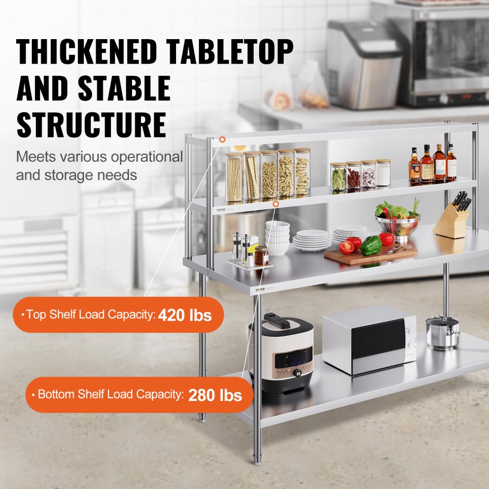 VEVOR Double Overshelf, Double-Tier Stainless Steel Overshelf, 305 x 1829 mm Double-Tier Overshelf, Height-Adjustable Overshelf Preparation Table for Kitchen, Restaurant and Workshop