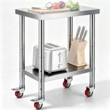 VEVOR Tavolo da Lavoro in Acciaio Inox 610 x 450 x 860 mm, Capacità di Carico di 180kg con 4 Ruote, 3 Livelli di Altezza Regolabili, Tavolo da Lavoro per Preparazione di Alimenti per per Cucina Commerciale